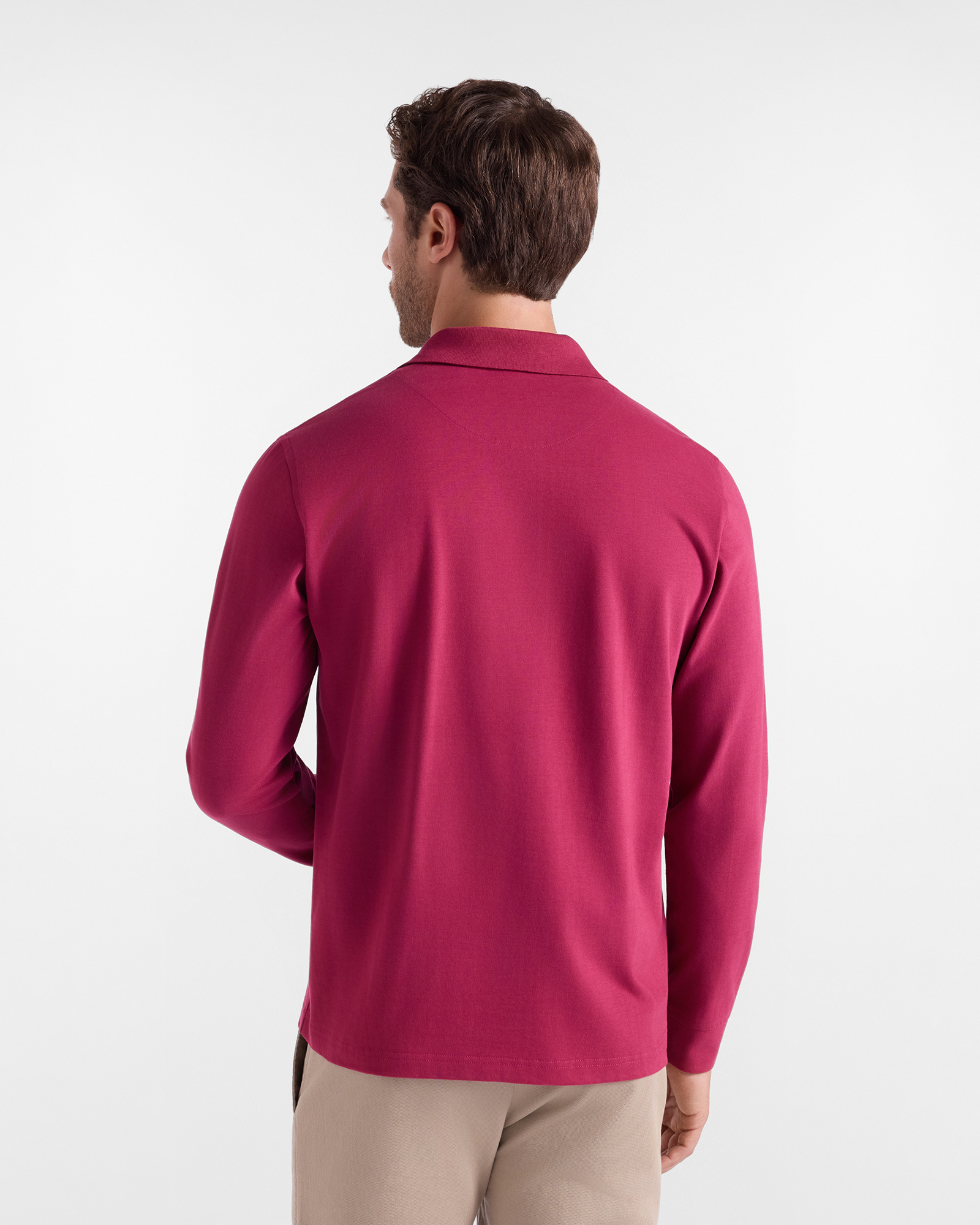 Men's long-sleeve 100% pure cotton brushed jersey polo shirt, CYCLAMEN, large