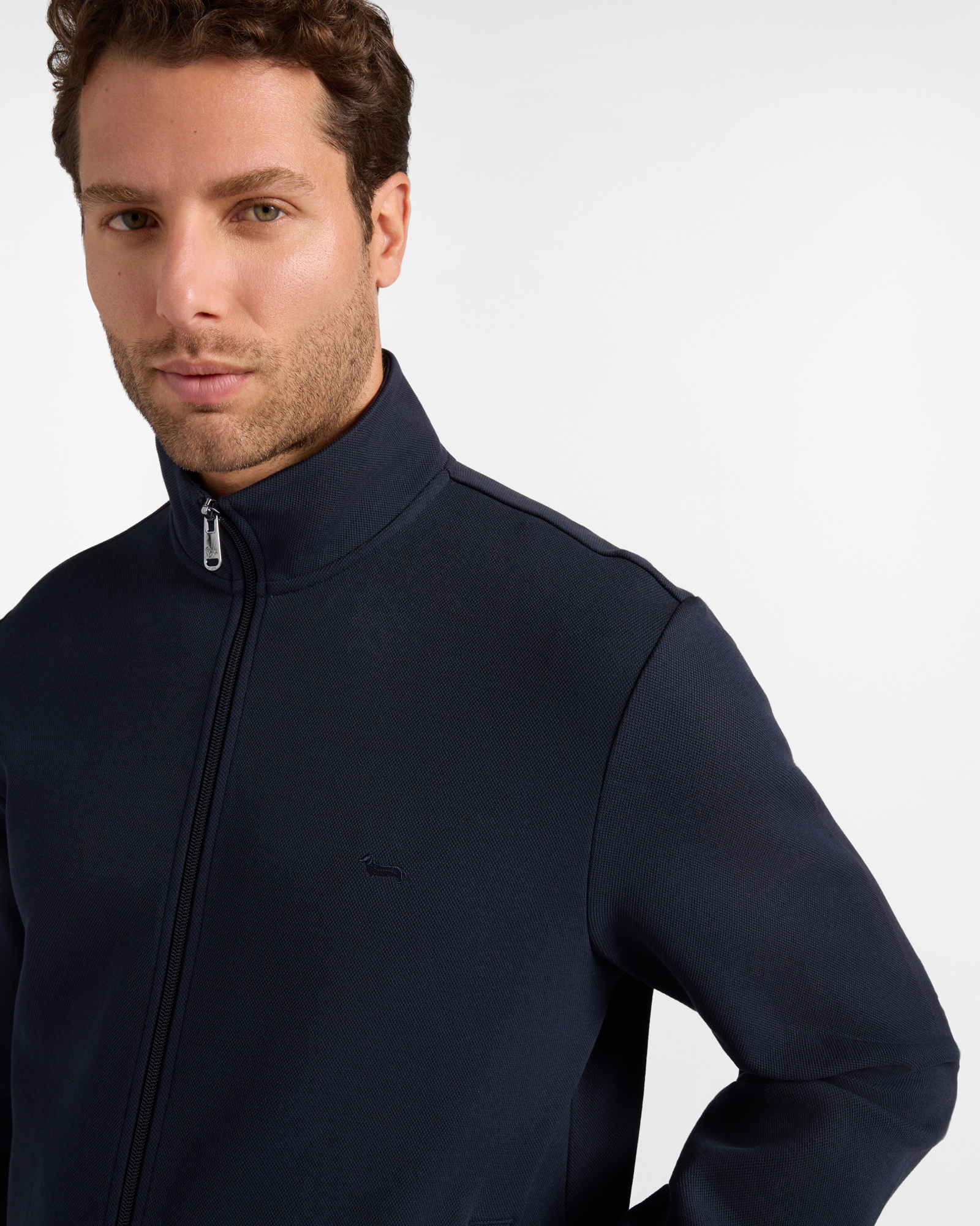 Felpa Uomo full zip in piquet  con finiture rigate, BLU NAVY, large