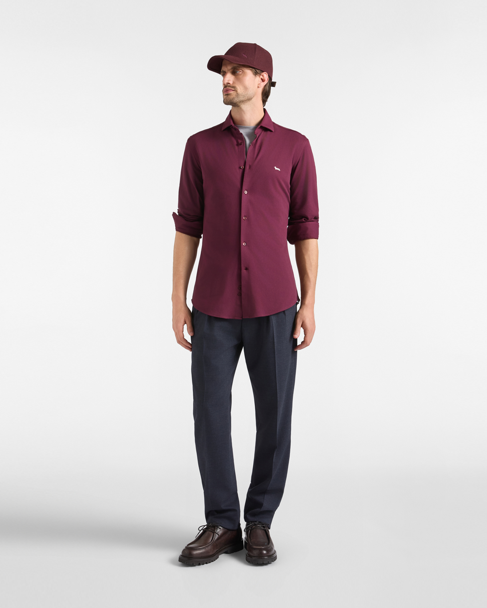 Men's narrow-fit shirt in solid dark  piqu&eacute;, DARK PURPLE, large