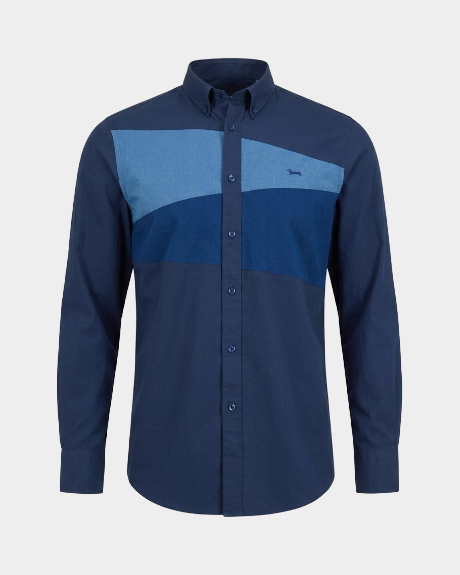 Camisa de hombre de corte regular en popel&iacute;n peach con detalles de denim, color azul, AZUL OSCURO, large