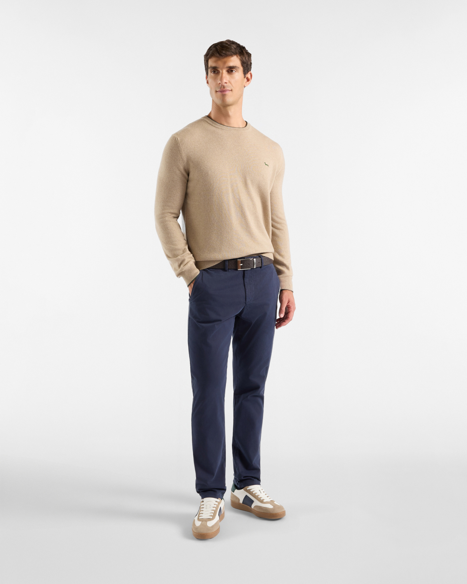 Men's crewneck sweater with contrasting stripe in a gray wool and cashmere blend with regular fit, BEIGE, large
