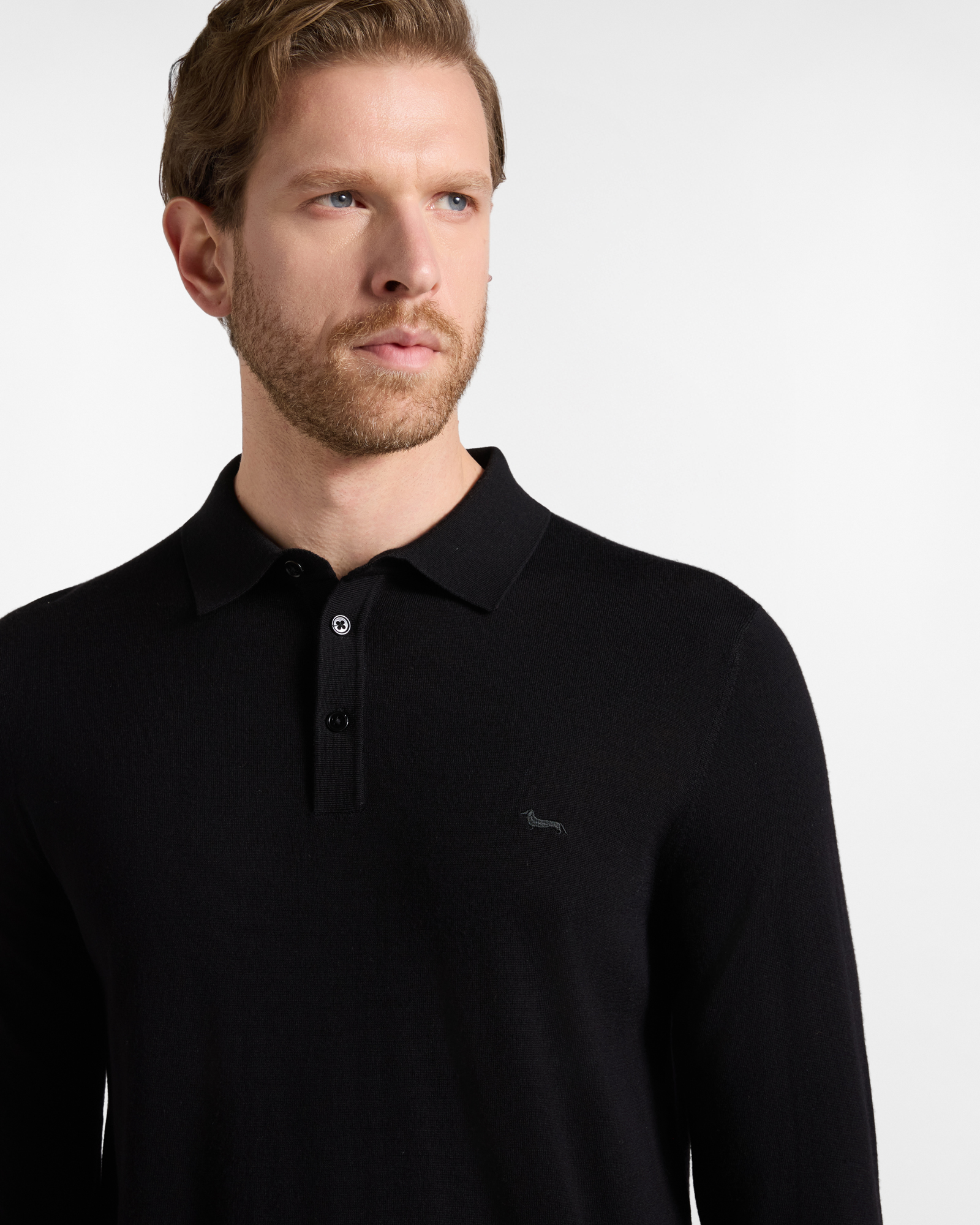 Men's buttoned polo shirt collar sweater in 100% pure wool with regular fit, BLACK, large