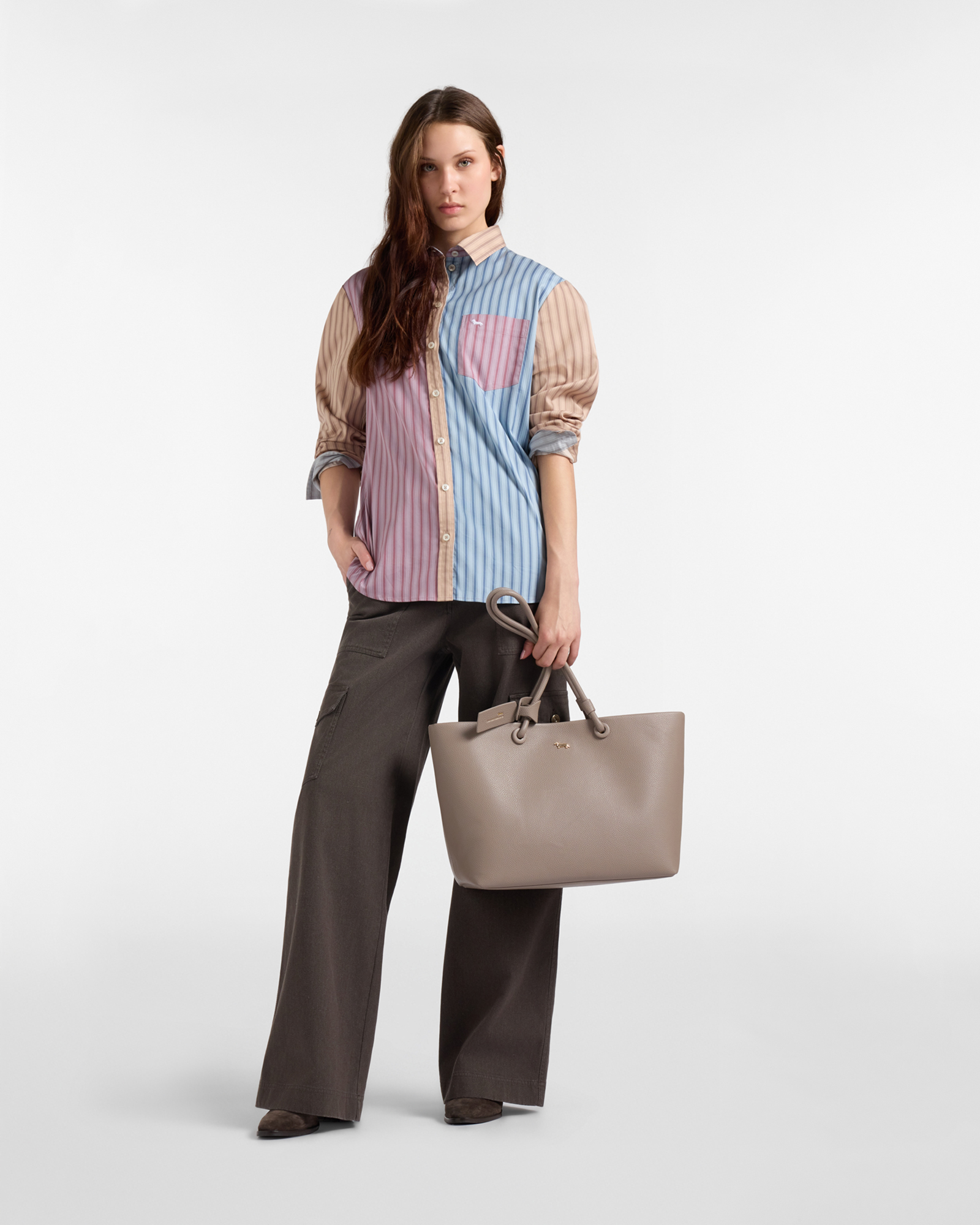 Women's oversize &ldquo;Piazzetta&rdquo; striped patchwork shirt, LIGHT BLUE, large