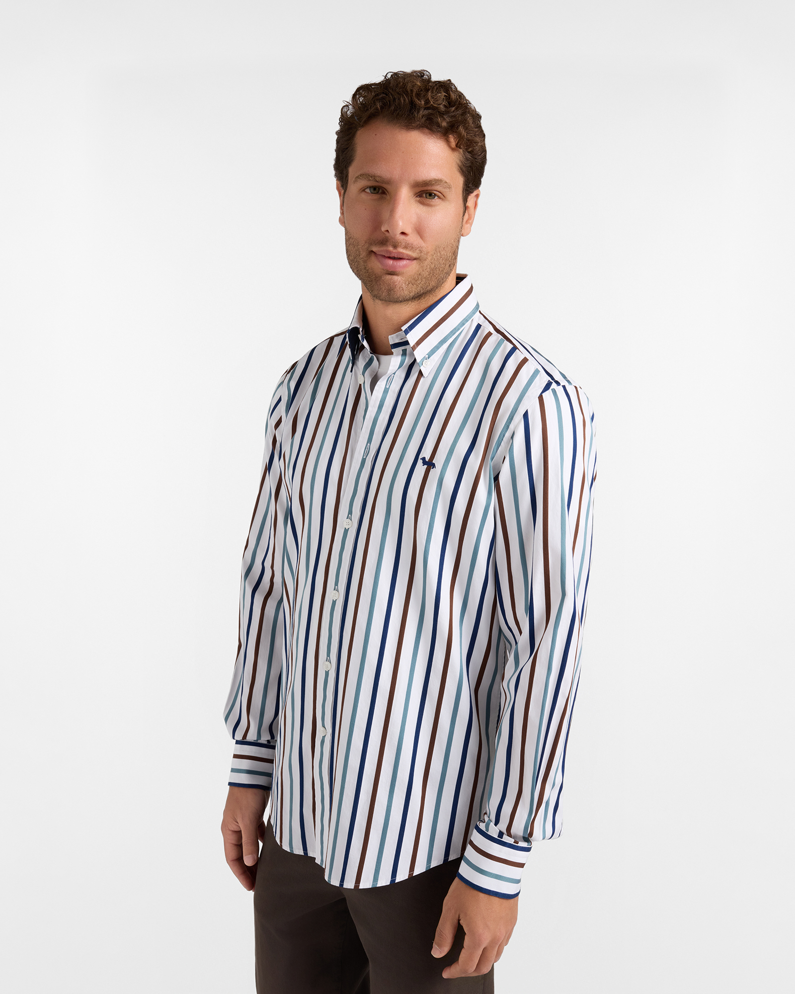 Camicia Uomo Regular Fit in Popeline Tinto Filo con Riga Raso marrone