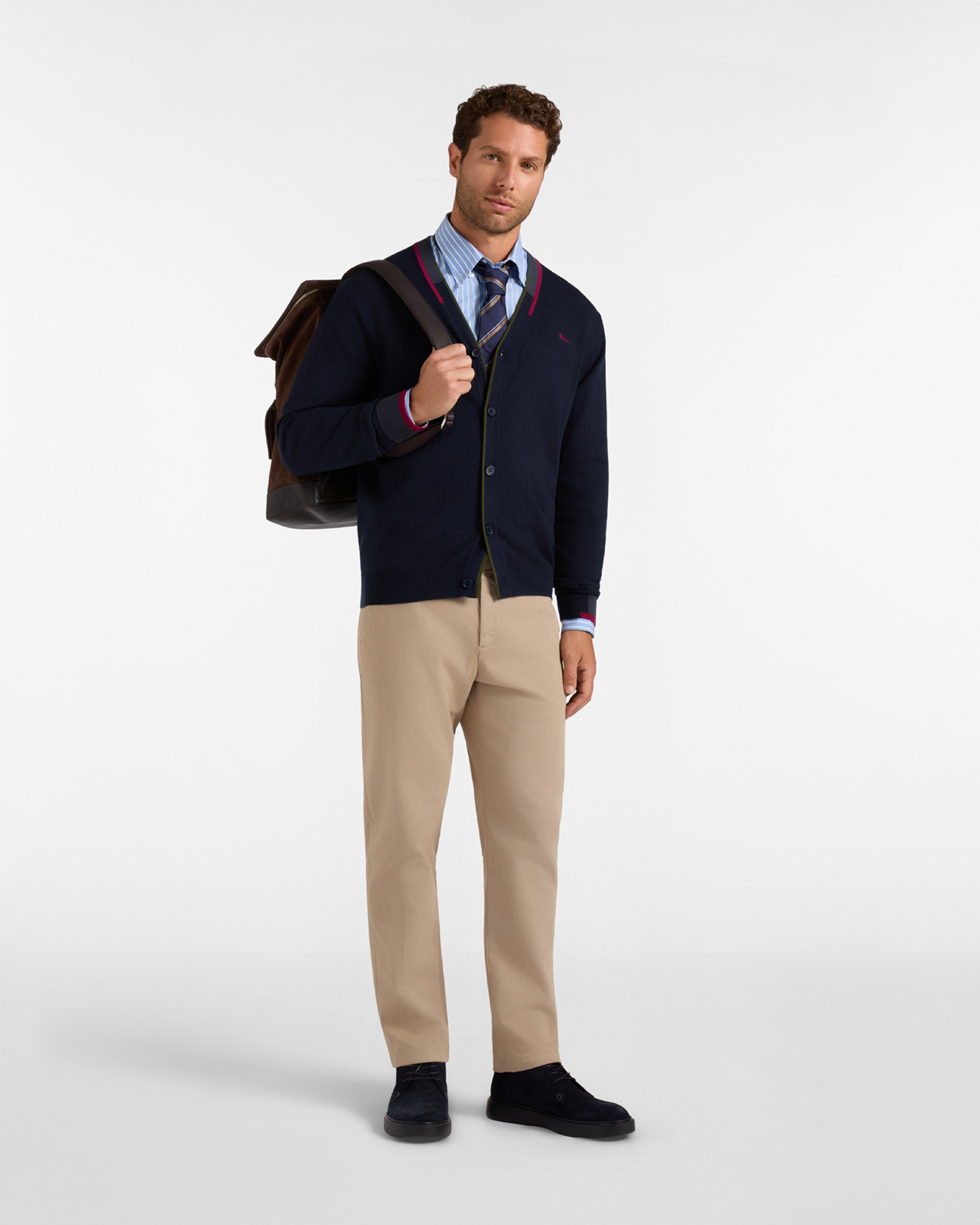 Men's V-neck cardigan in wool and cotton blend with regular fit, NAVY BLUE, large