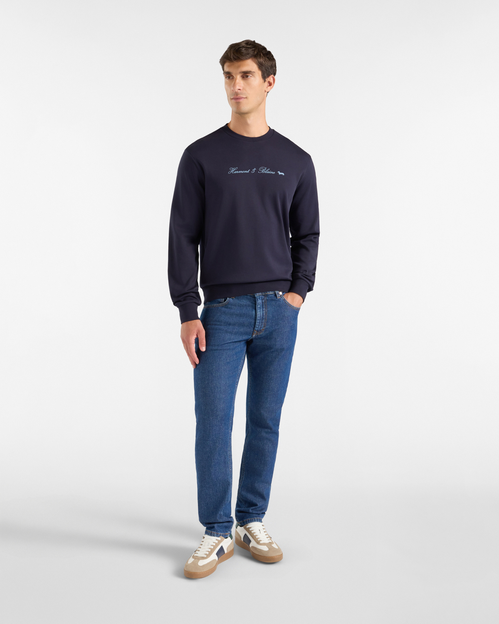 Men's pure cotton crewneck sweatshirt with 3D logo, NAVY BLUE, large