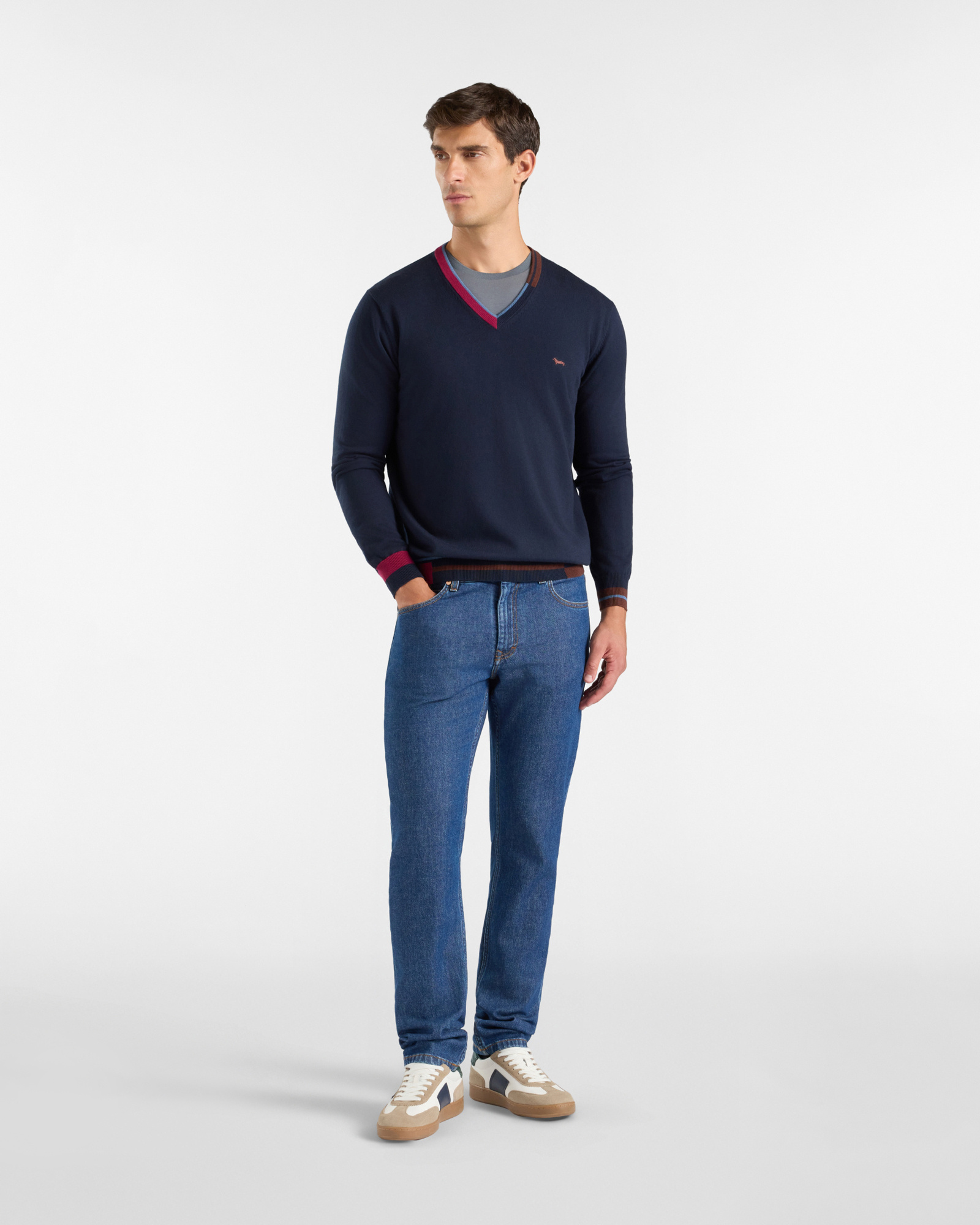 Men's regular fit V-neck sweater in a wool and cotton blend, NAVY BLUE, large