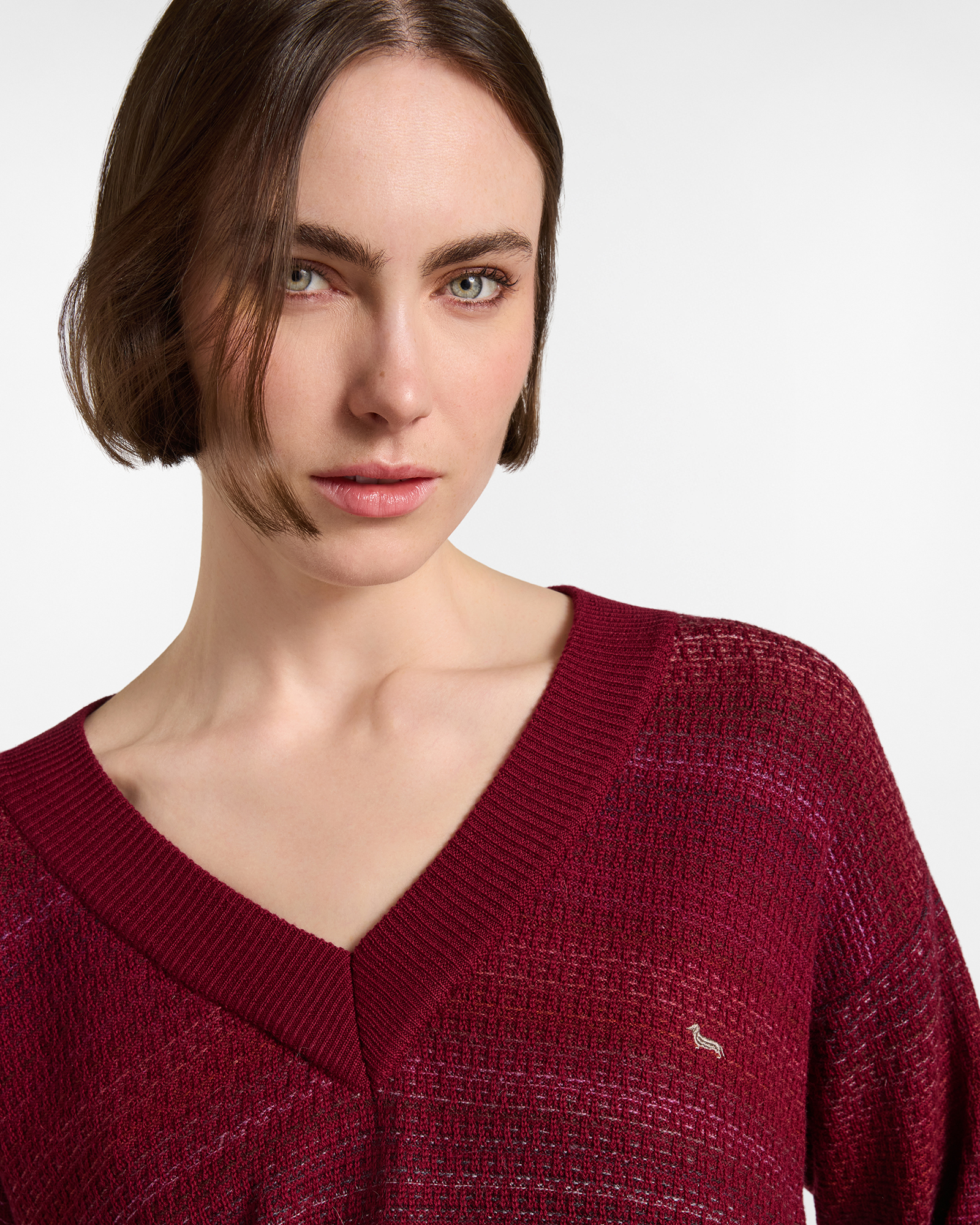 Pul&oacute;ver Mujer con cuello de pico profundo en 100 % pura lana Made in Italy, INDIAN ROSE, large