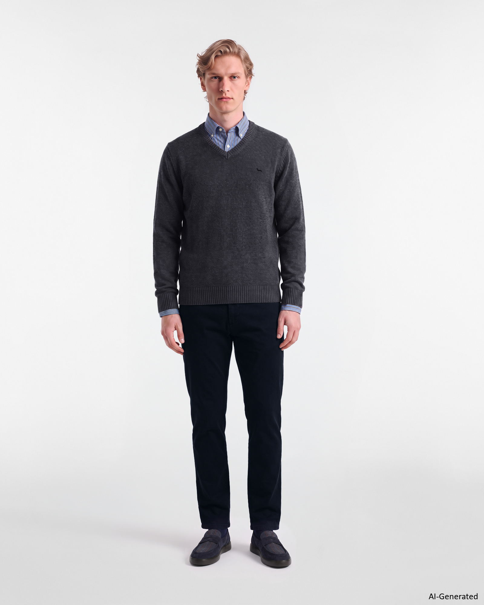 Men's Made in Italy regular fit V-neck sweater in wool blend, NAVY BLUE, large