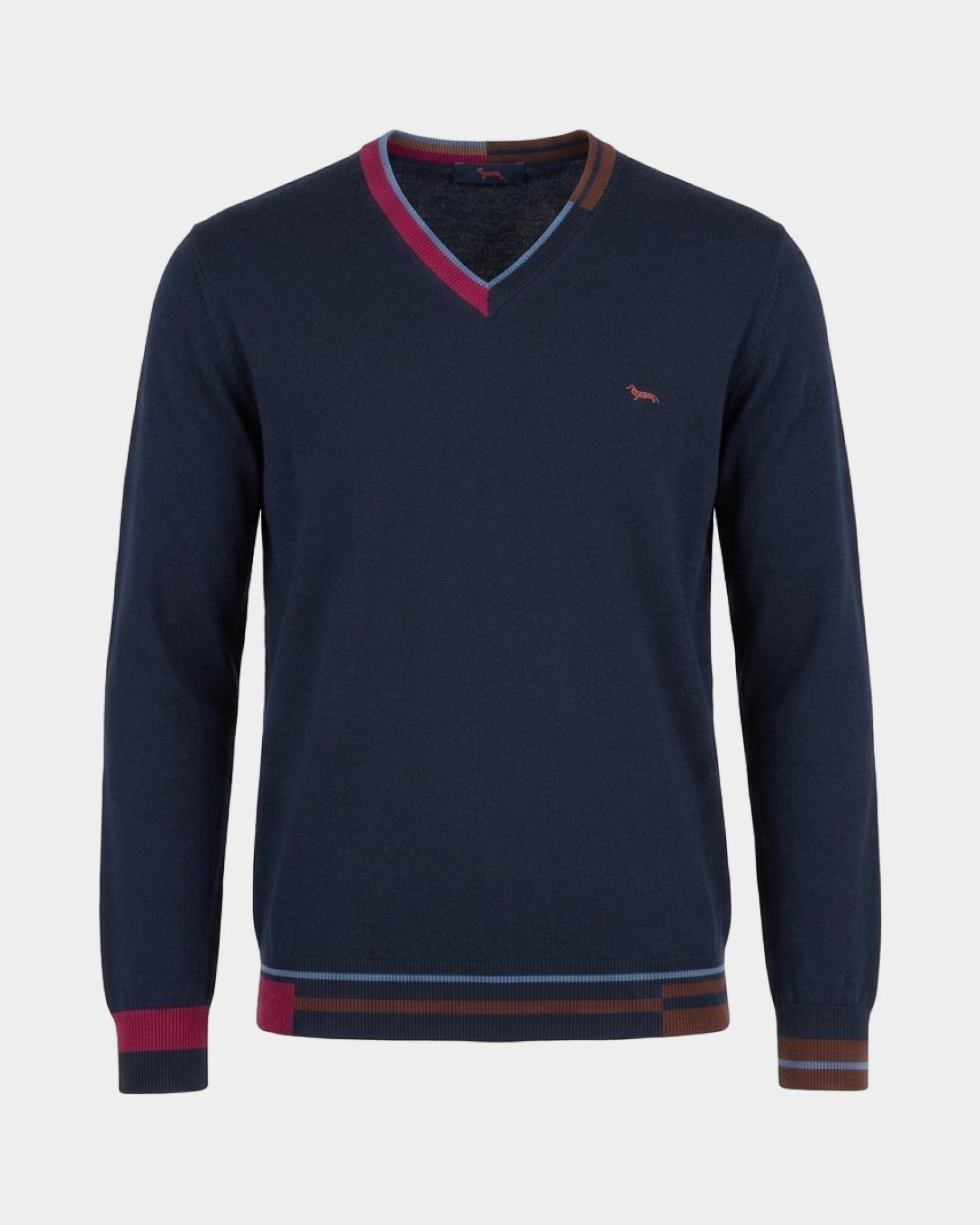 Men's regular fit V-neck sweater in a wool and cotton blend, NAVY BLUE, large