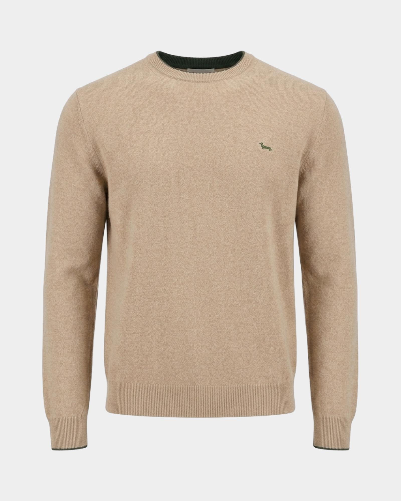 Men's crewneck sweater with contrasting stripe in a gray wool and cashmere blend with regular fit, BEIGE, large