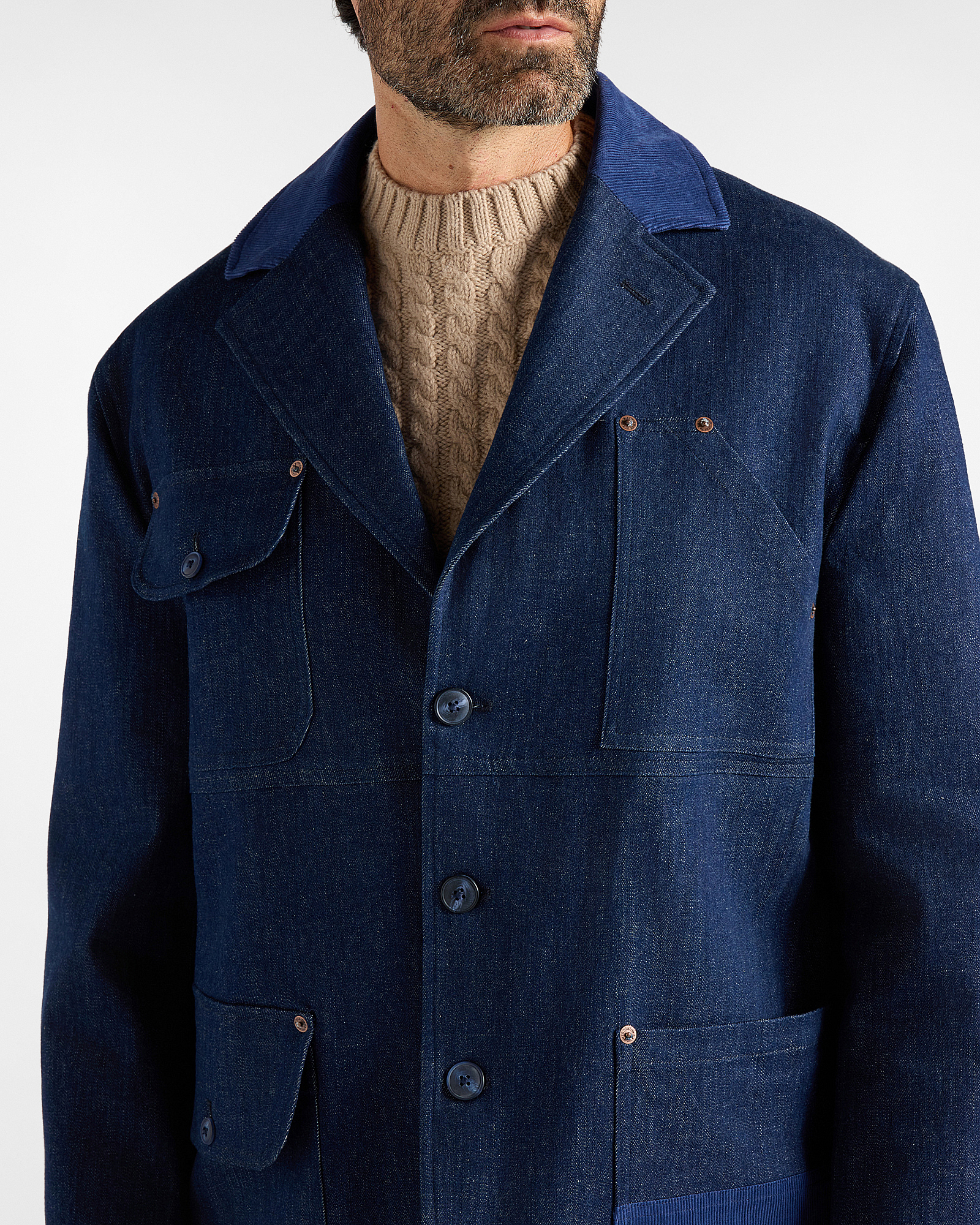 Chaqueta de hombre Re-Loved de denim de algod&oacute;n el&aacute;stico con detalles de terciopelo, fabricada en Italia, AZUL DENIM, large