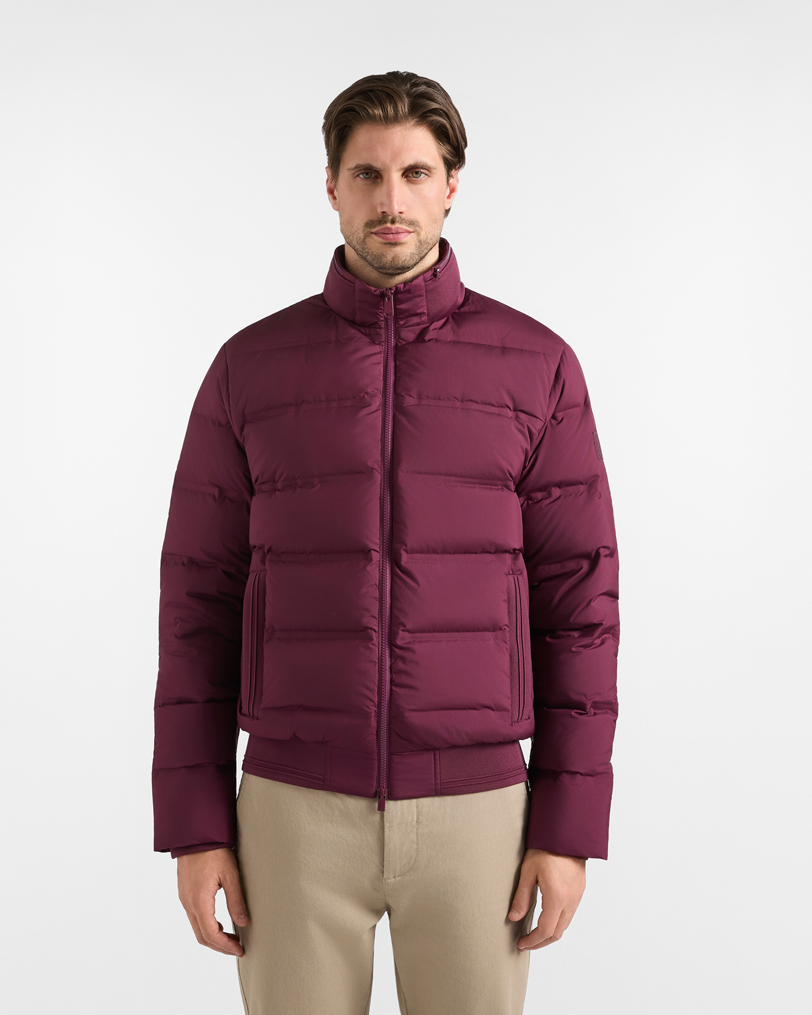 Men&rsquo;s bomber jacket with ribbed collar in dark purple technical fabric