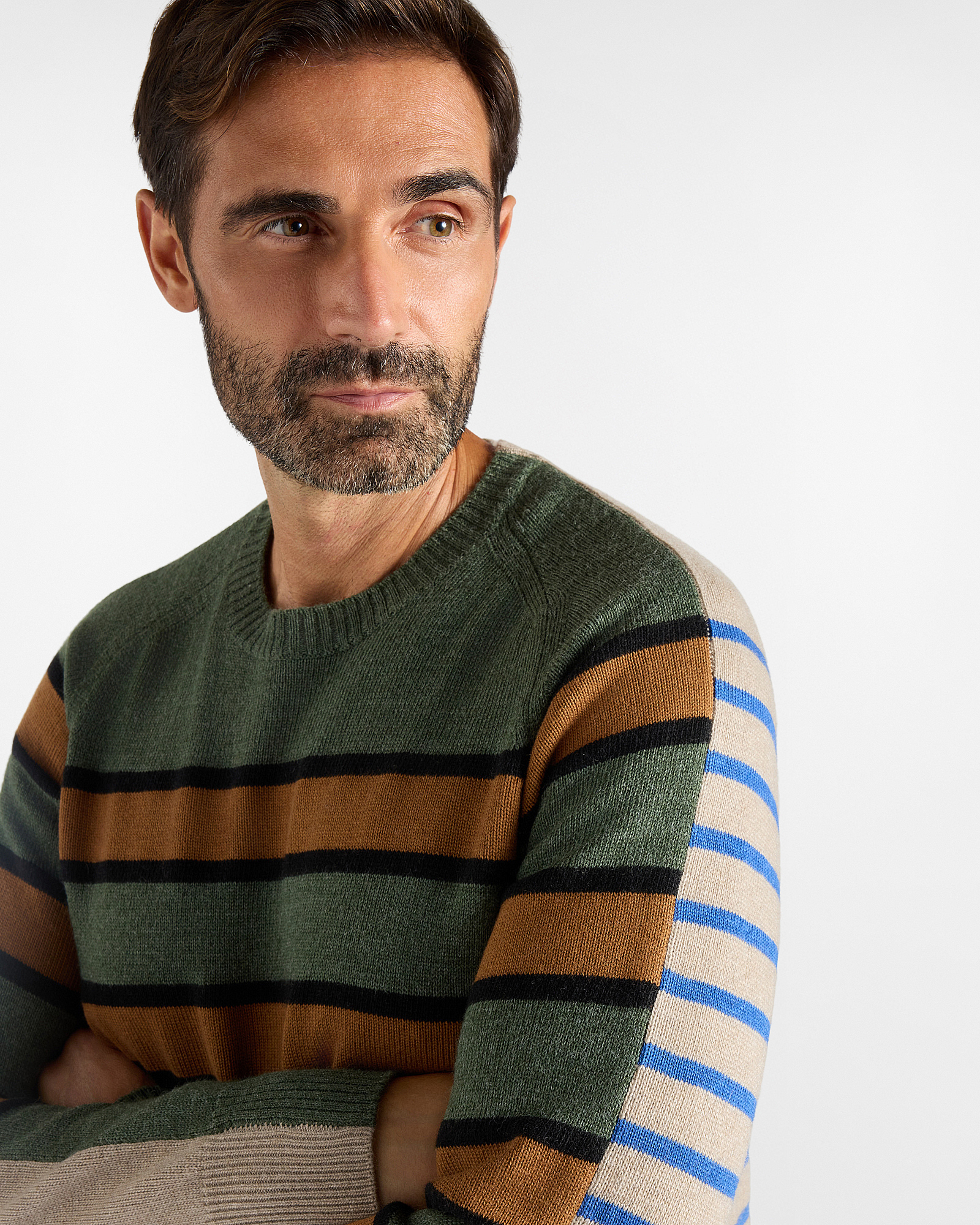 Men&rsquo;s multi-striped wool and viscose blend jumper, Made in Italy, BOTTLE GREEN, large