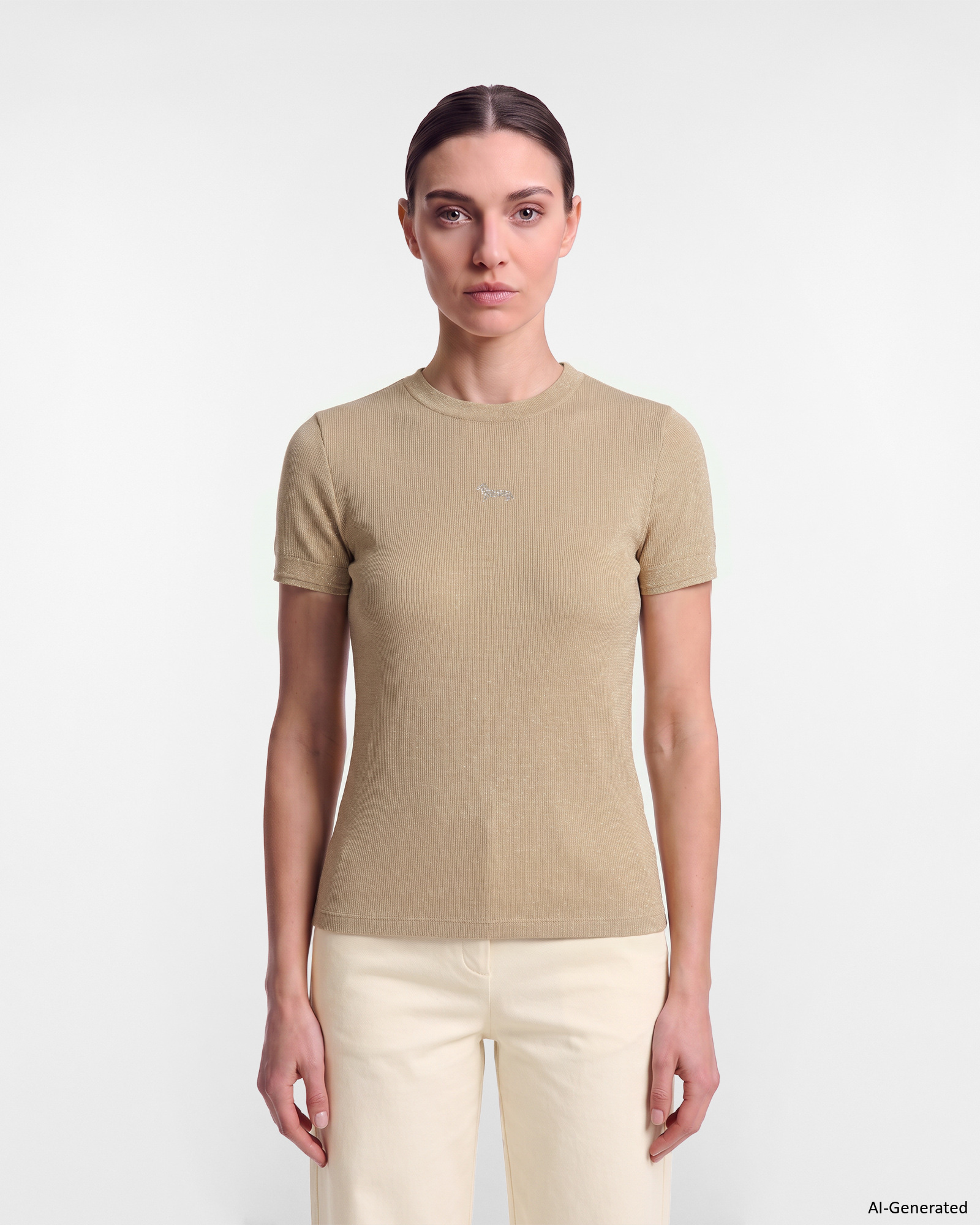 Women&rsquo;s Slim-Fit Lam&eacute; Ribbed T-shirt with rhinestone hem in taupe stretch nylon