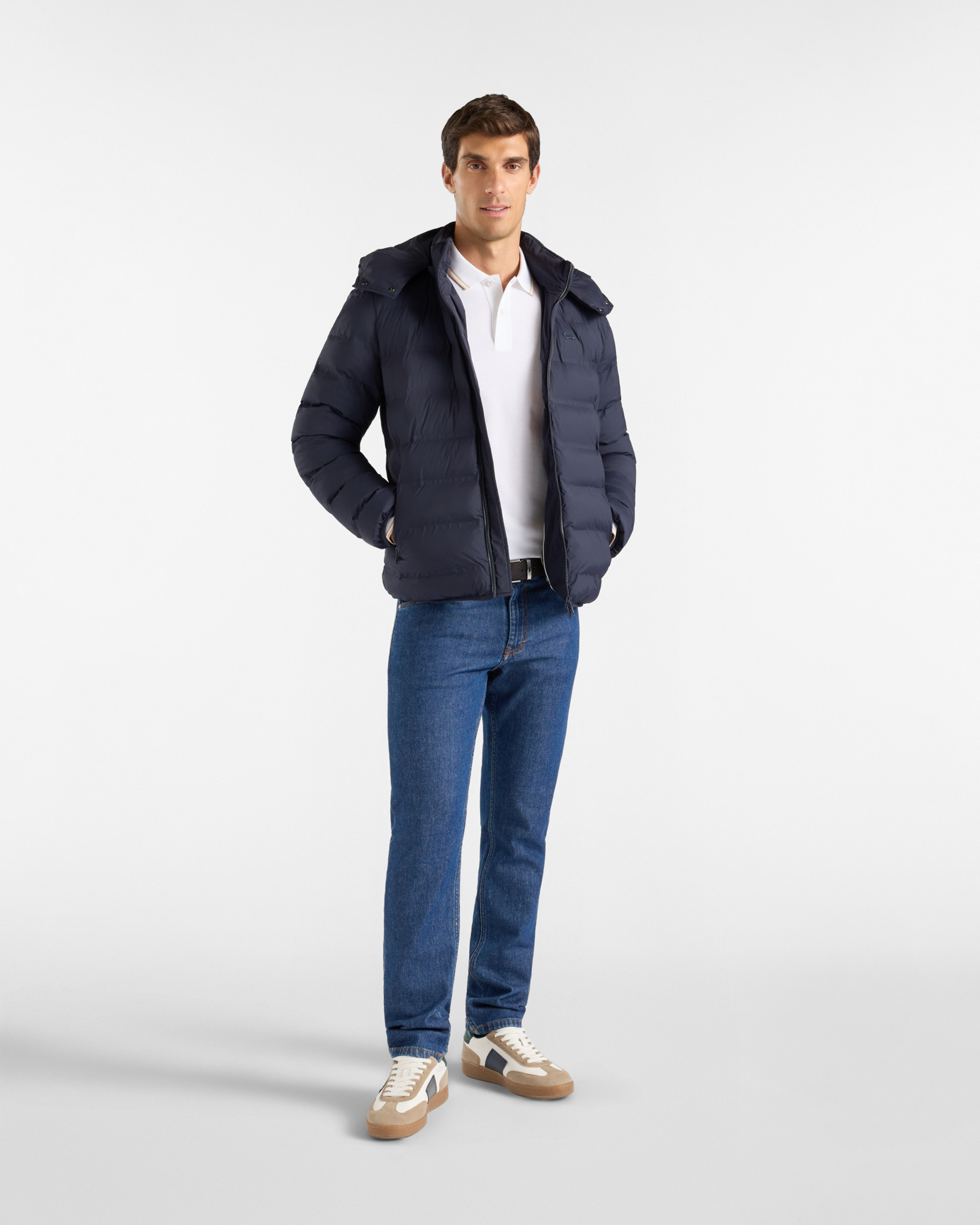 Bomber acolchado para hombre de nailon t&eacute;cnico el&aacute;stico, AZUL MARINO, large