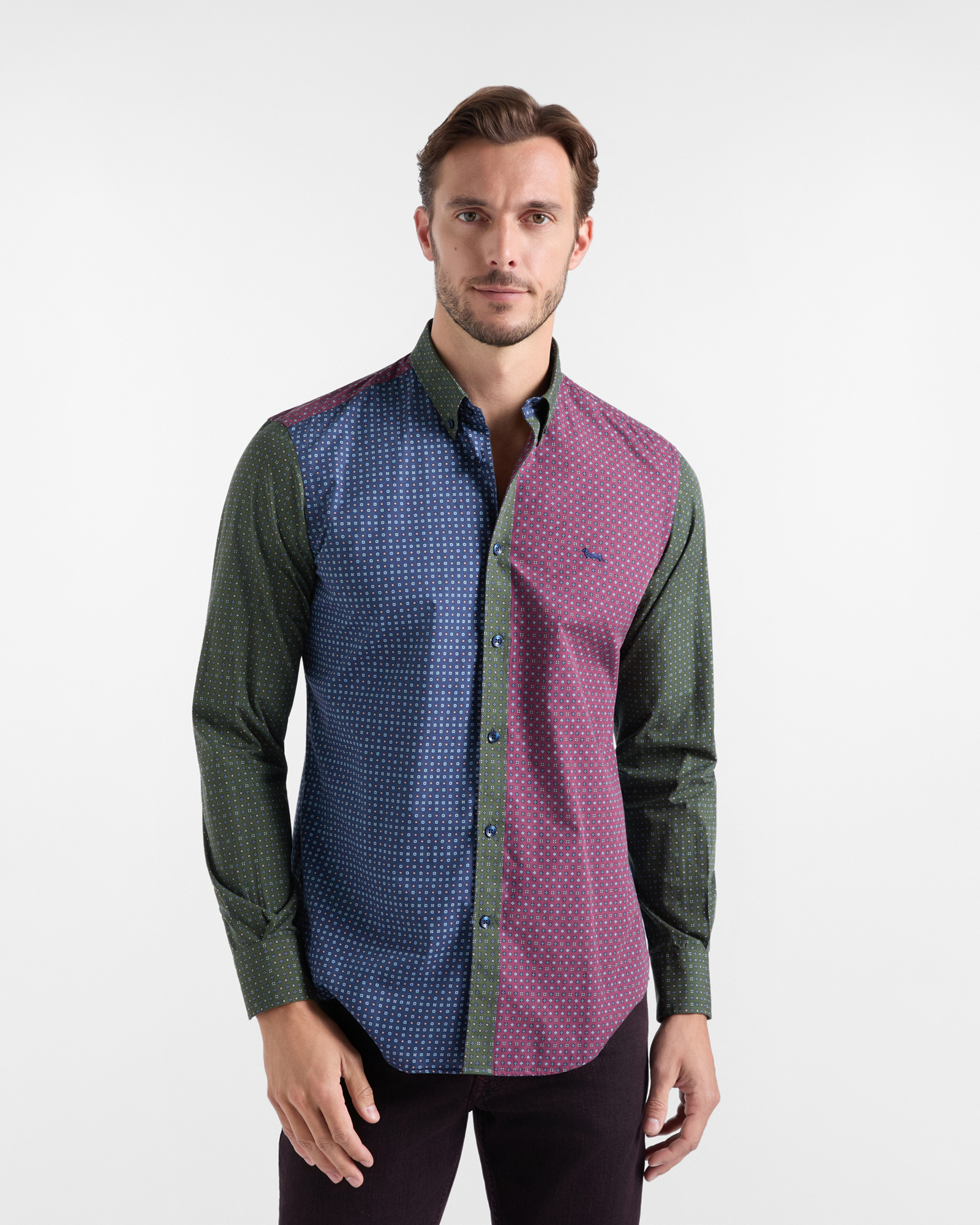 Men&rsquo;s regular-fit blue,green and fuchsia Piazzetta poplin shirt with tie print