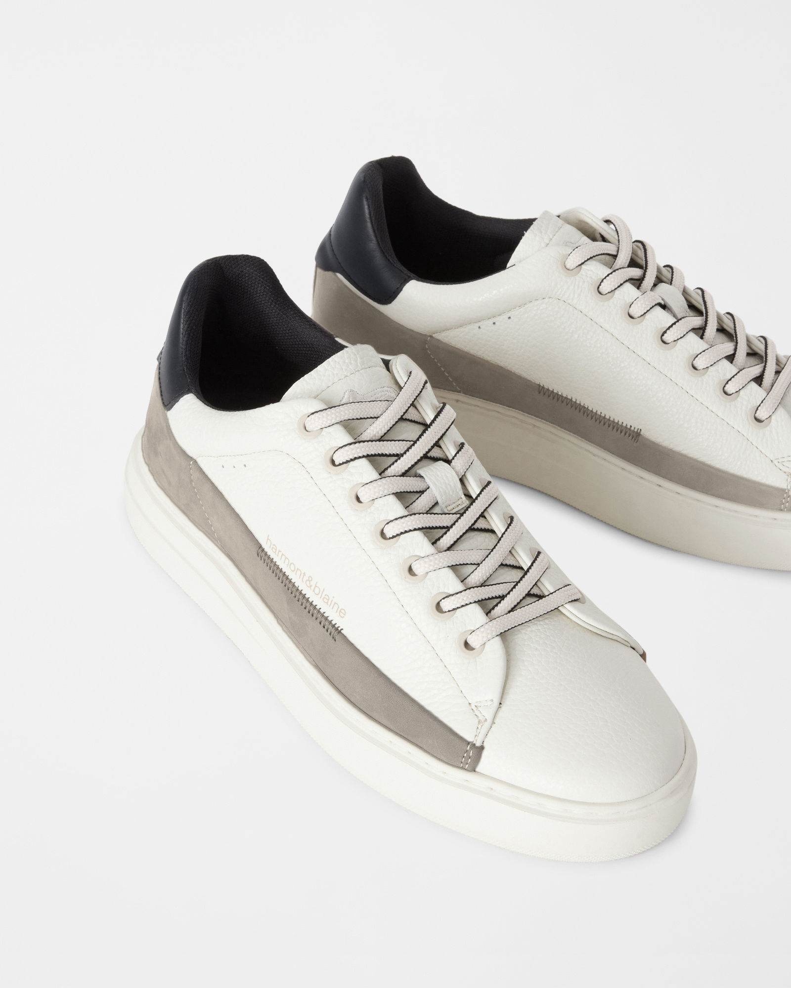 Sneakers homme en cuir grain&eacute; avec bande en nubuck, BLANC CASUAL - BEIGE, large
