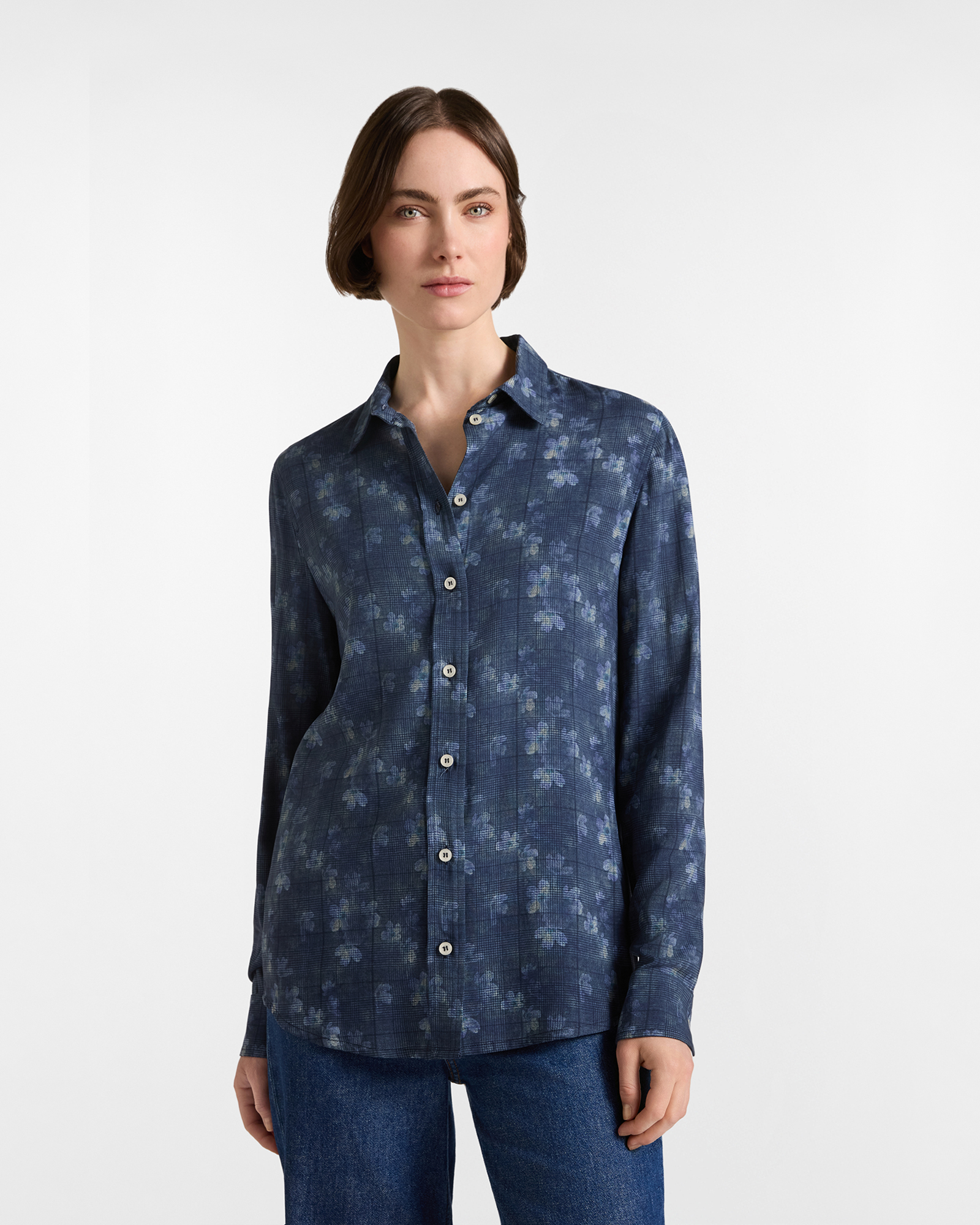 Women's faded dark blue floral print shirt