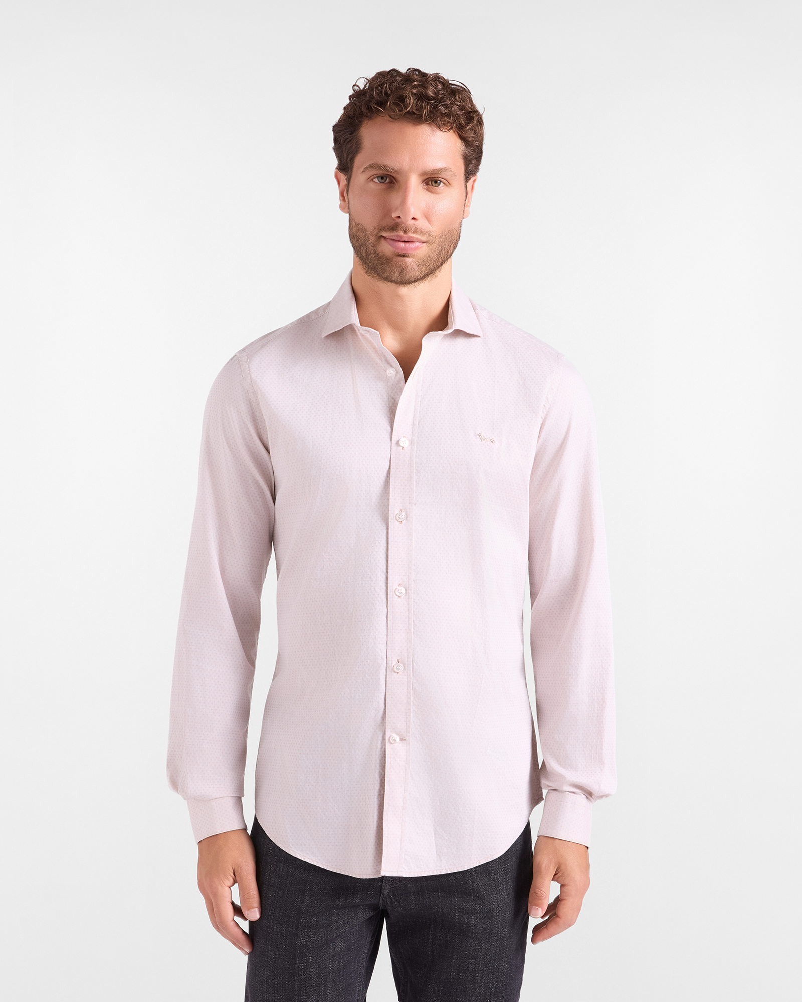 Men's narrow-fit sand-colored shirt in sand-colored melange micro jacquard