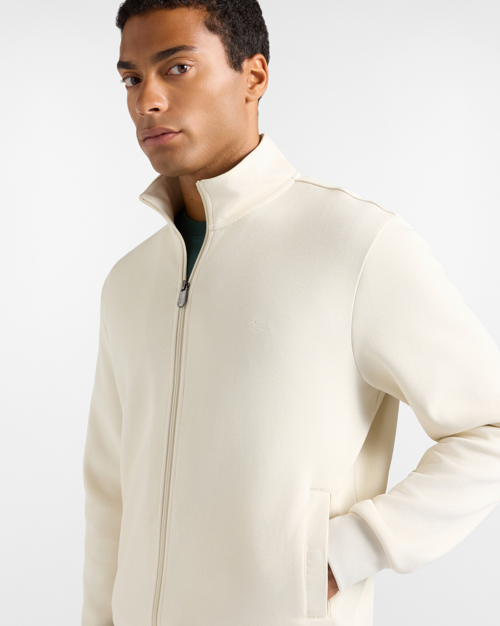 Men's  full-zip piqu&eacute; sweatshirt with striped details, TAUPE, large