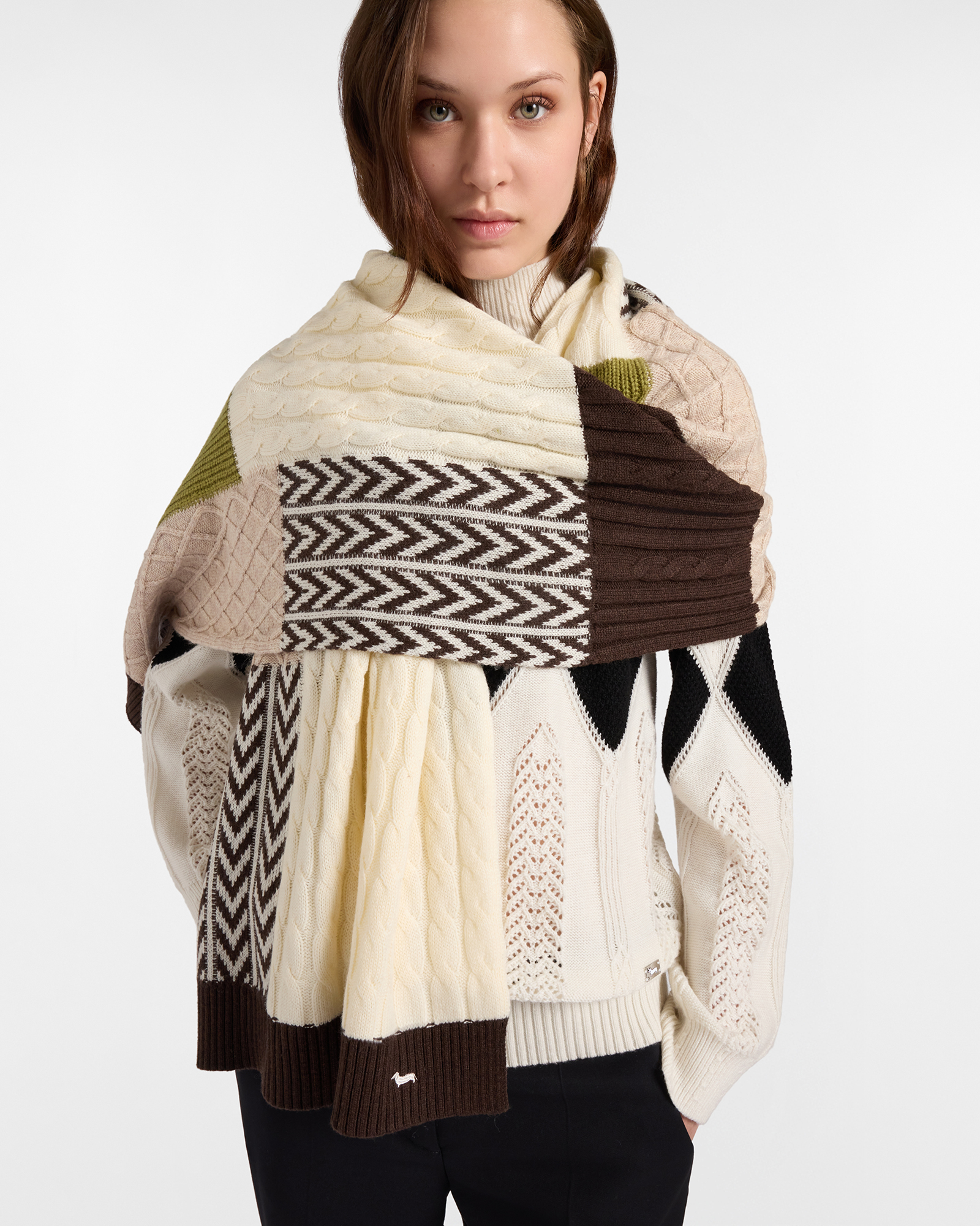 Sciarpa Donna in Lana Blu con Stampa Micro Chevron