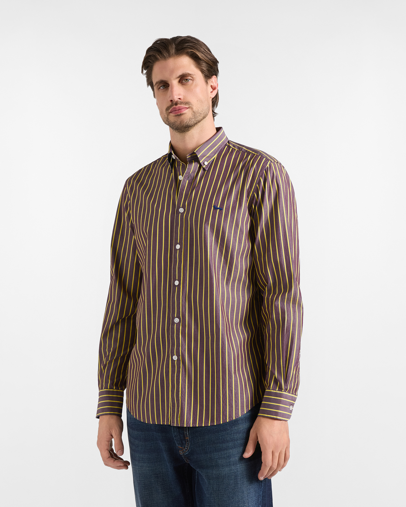 Men's regular-fit Dark Purple cotton shirt with regimental stripes