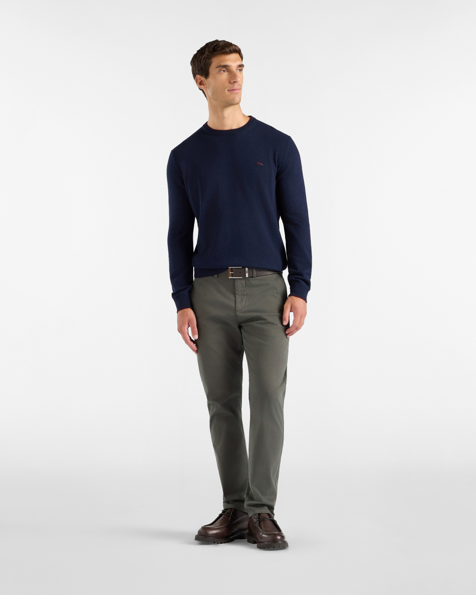 Men's crewneck sweater with contrasting stripe in a gray wool and cashmere blend with regular fit, NAVY BLUE, large
