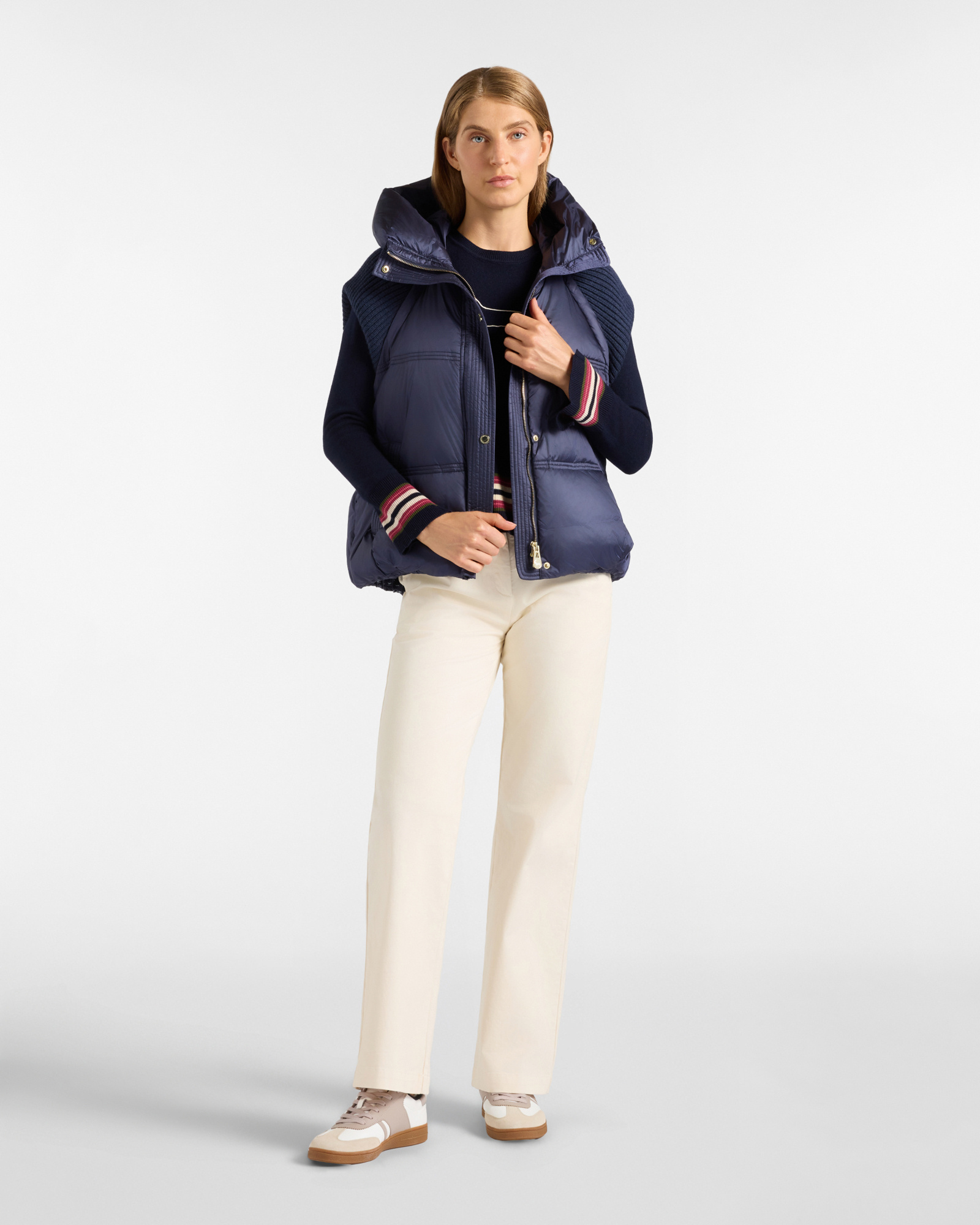 Women's blue Oversize nylon hooded vest, BLUE, large
