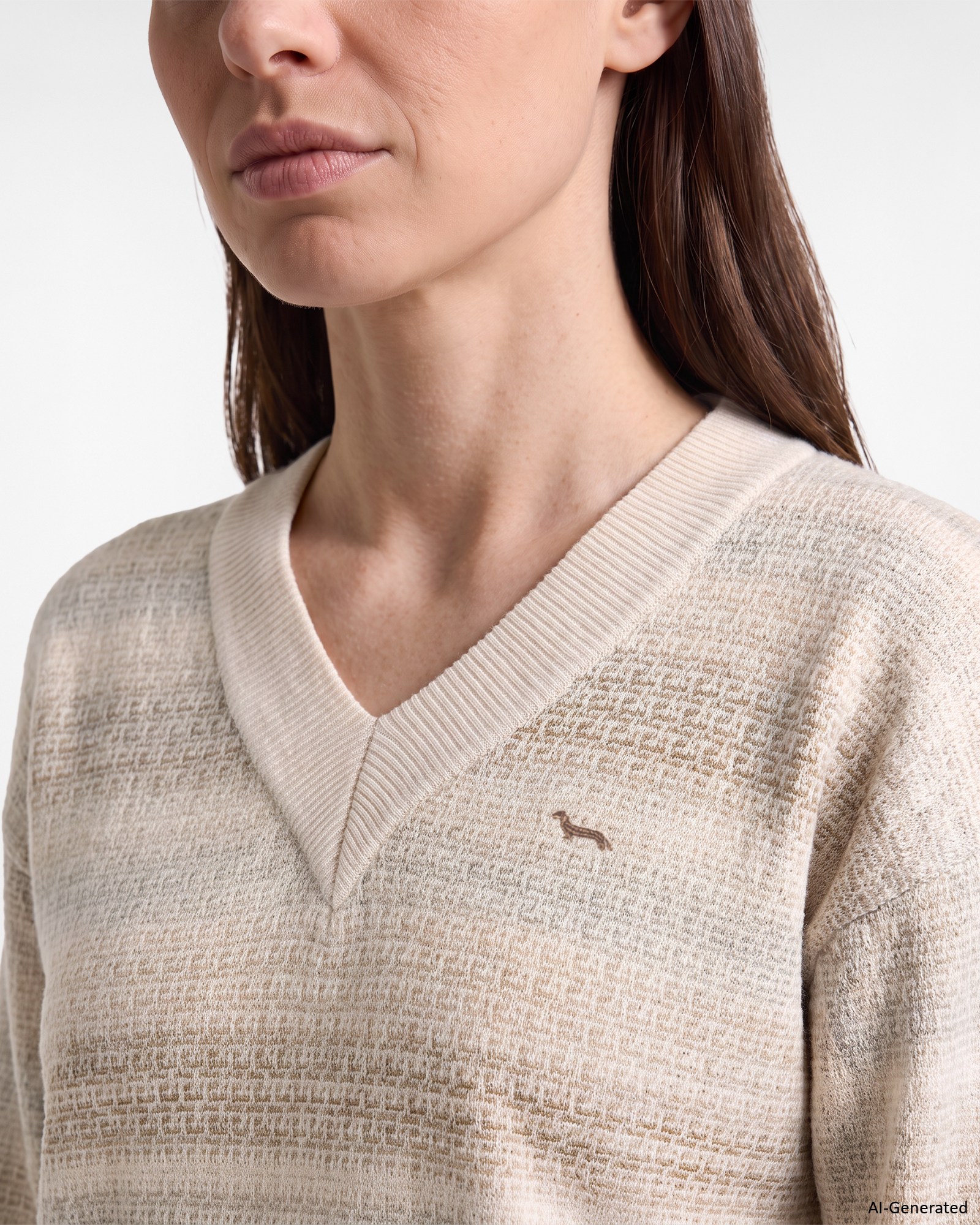 Pul&oacute;ver Mujer con cuello de pico profundo en 100 % pura lana Made in Italy, TORTORA, large