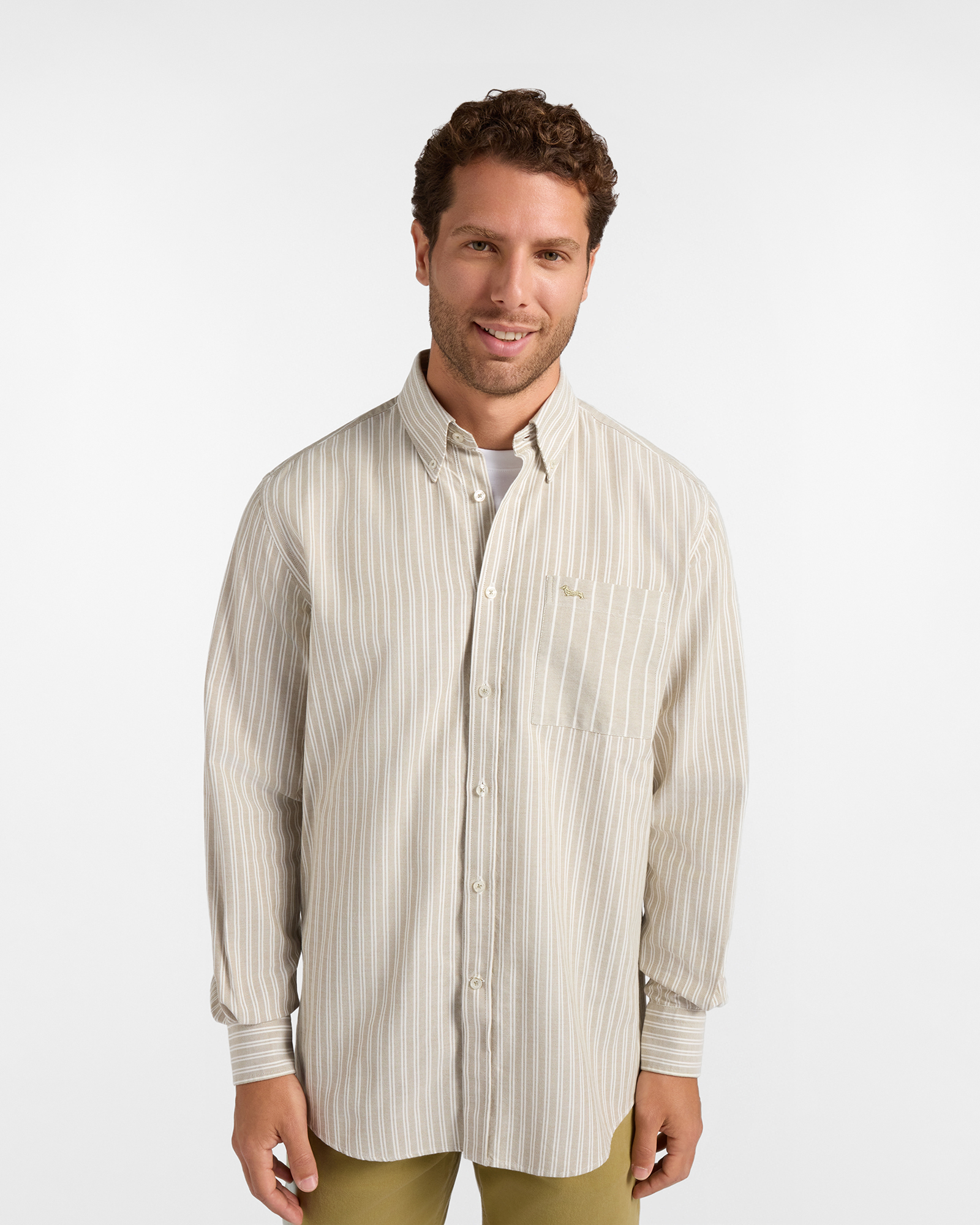 Men's green classic fit shirt in organic striped oxford fabric