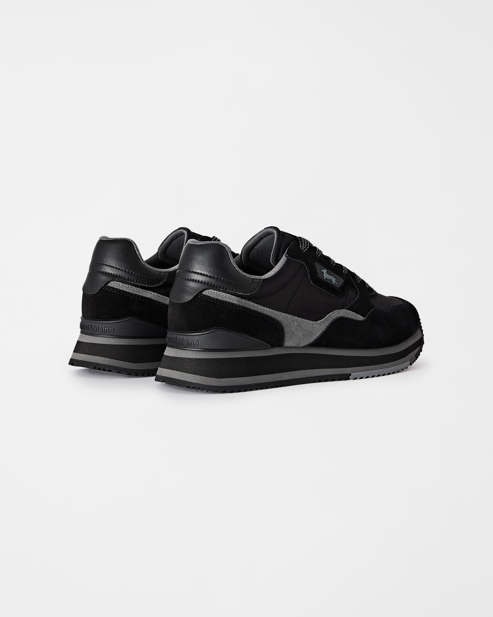 Sneakers de running pour homme en daim tricolore et tissu technique tricolore, NOIR, large