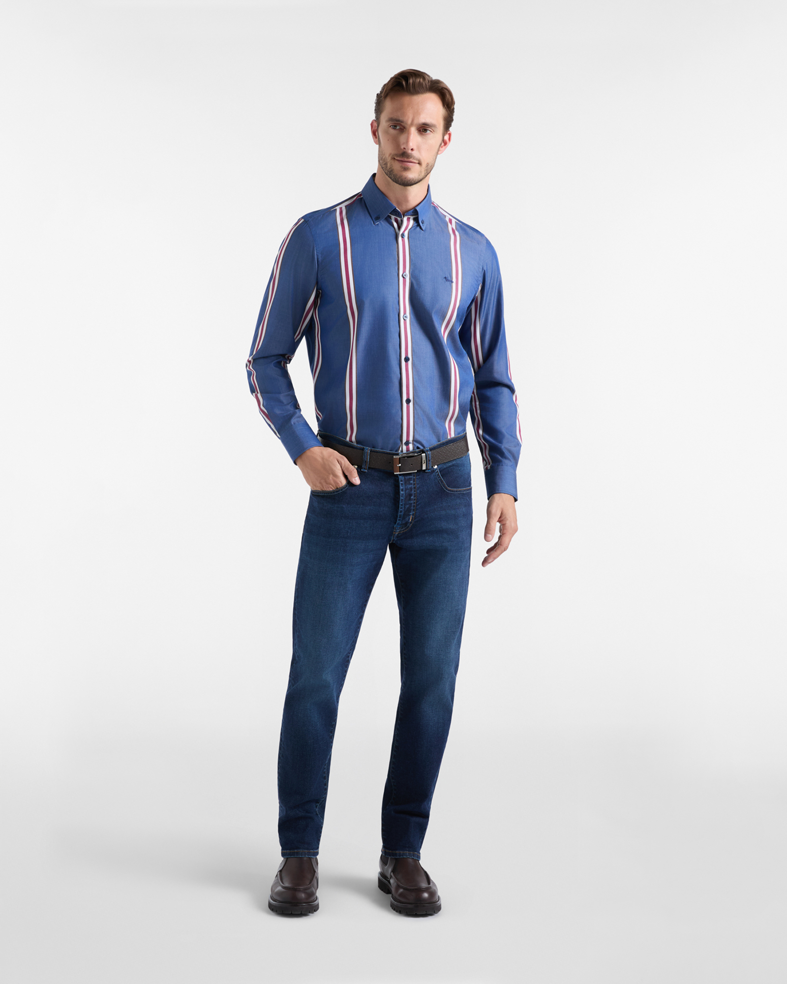 Camicia Uomo Tencel&reg; riga regimental piazzata Narrow Fit, BLU SPORT, large