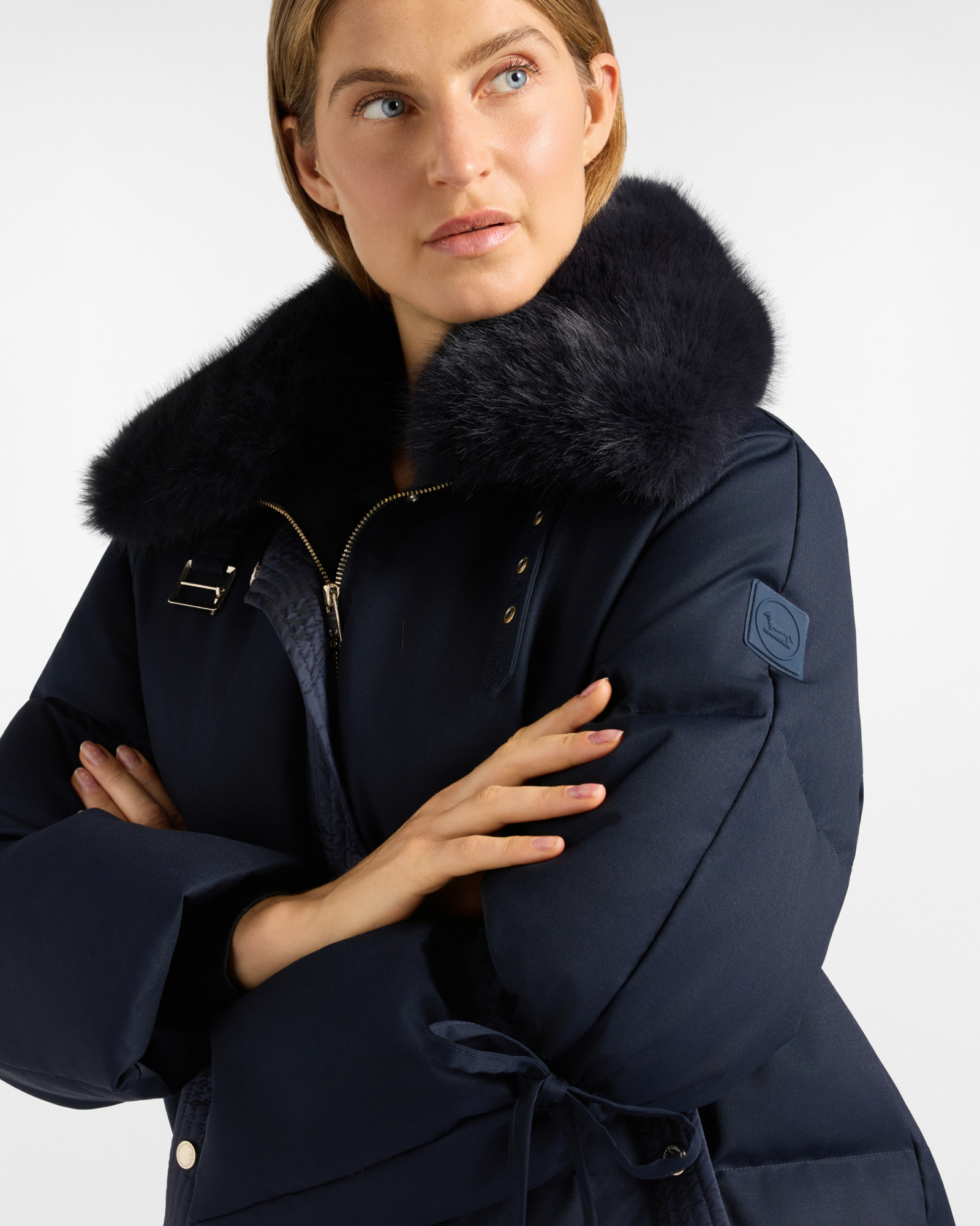 Chaqueta de plum&oacute;n oversize para mujer de lana t&eacute;cnica con relleno de plum&oacute;n, AZUL MARINO, large