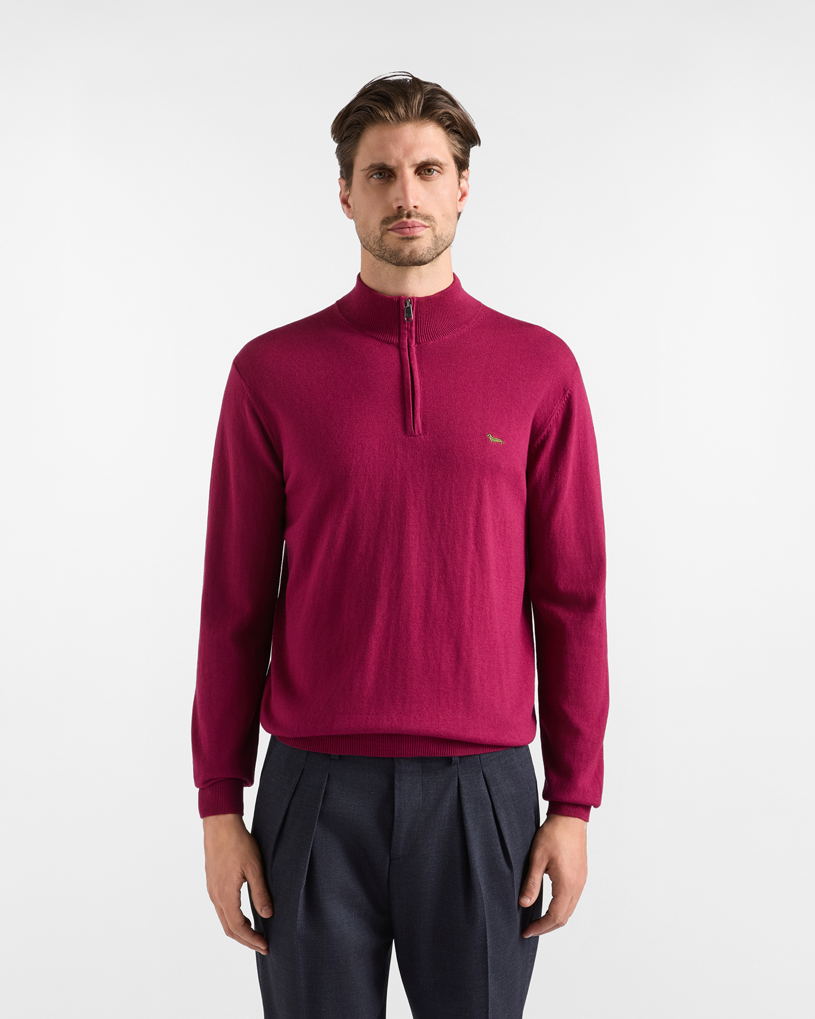 Maglia Uomo con collo alto half zip in misto lana e cotone  Regular Fit, INDIAN ROSE, large