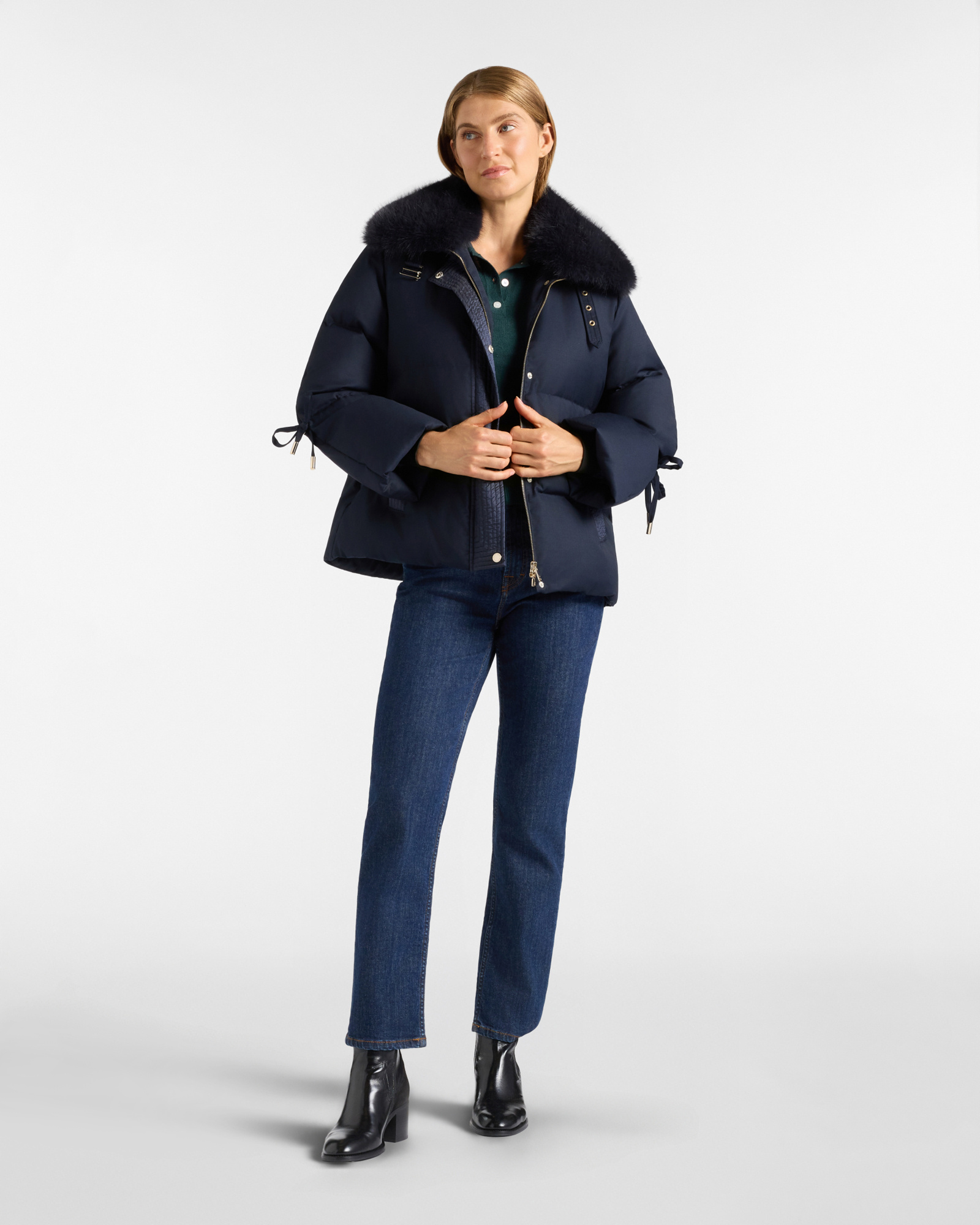 Chaqueta de plum&oacute;n oversize para mujer de lana t&eacute;cnica con relleno de plum&oacute;n, AZUL MARINO, large