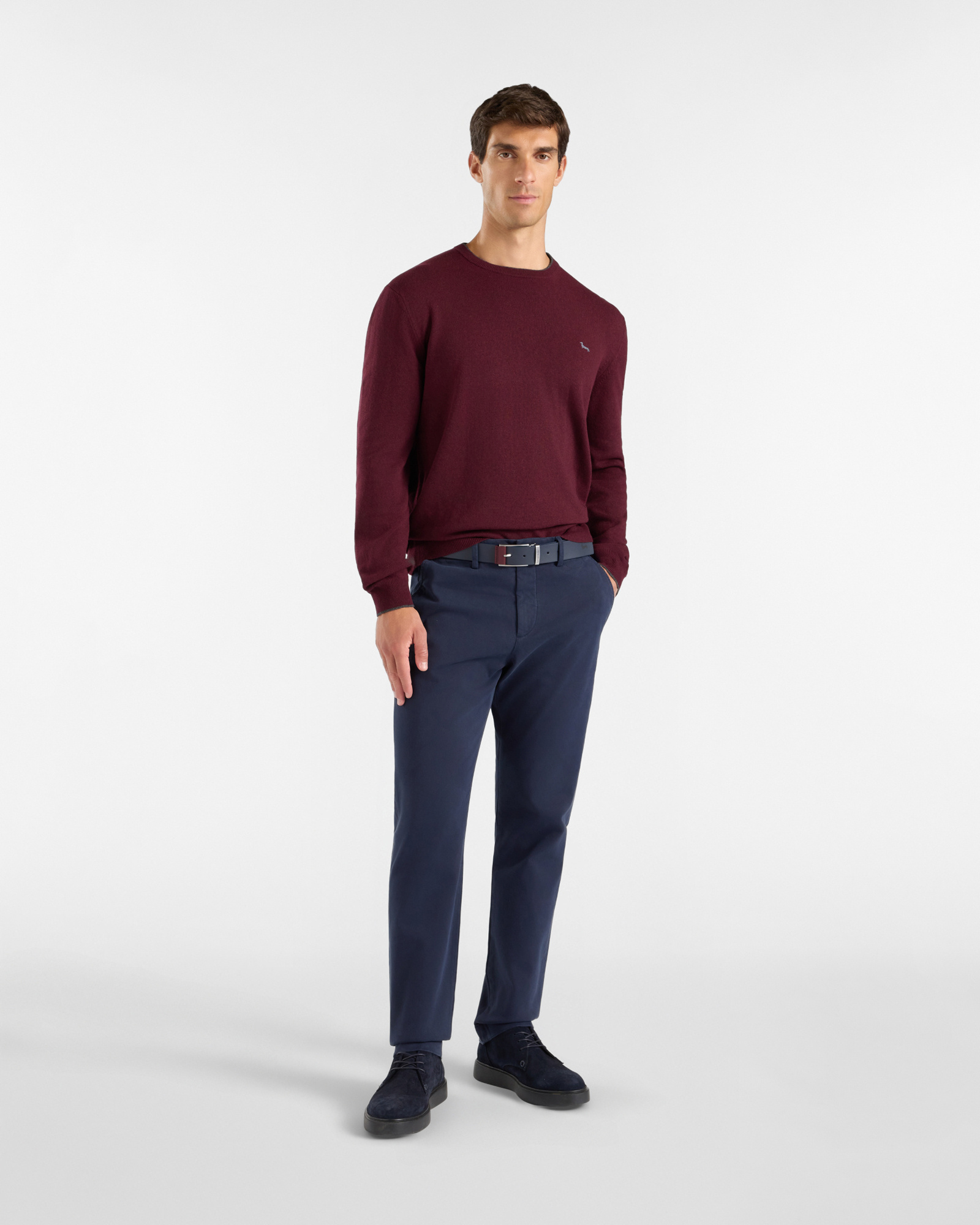 Men's crewneck sweater with contrasting stripe in a gray wool and cashmere blend with regular fit, BORDEAUX, large