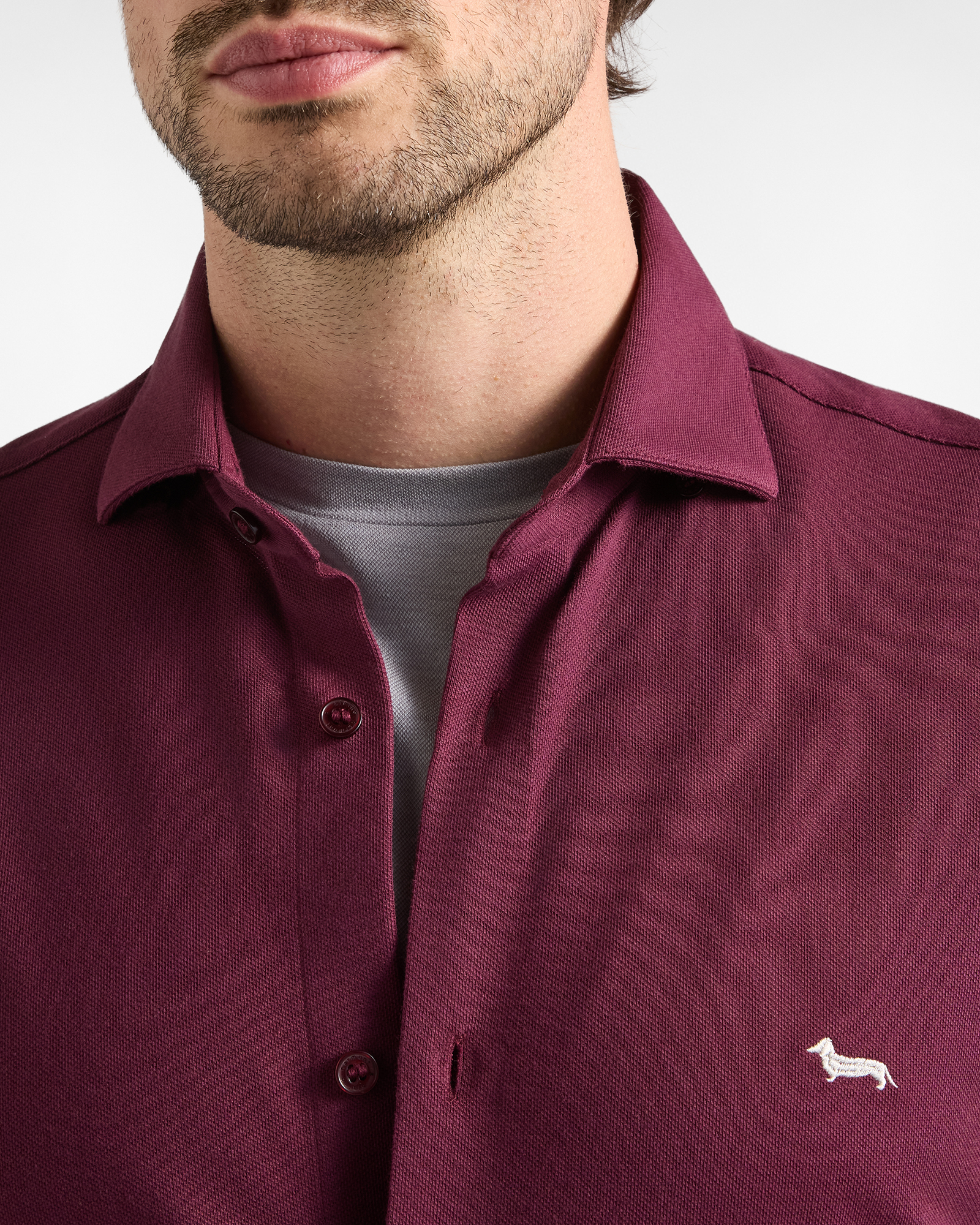 Men's narrow-fit shirt in solid dark  piqu&eacute;, DARK PURPLE, large