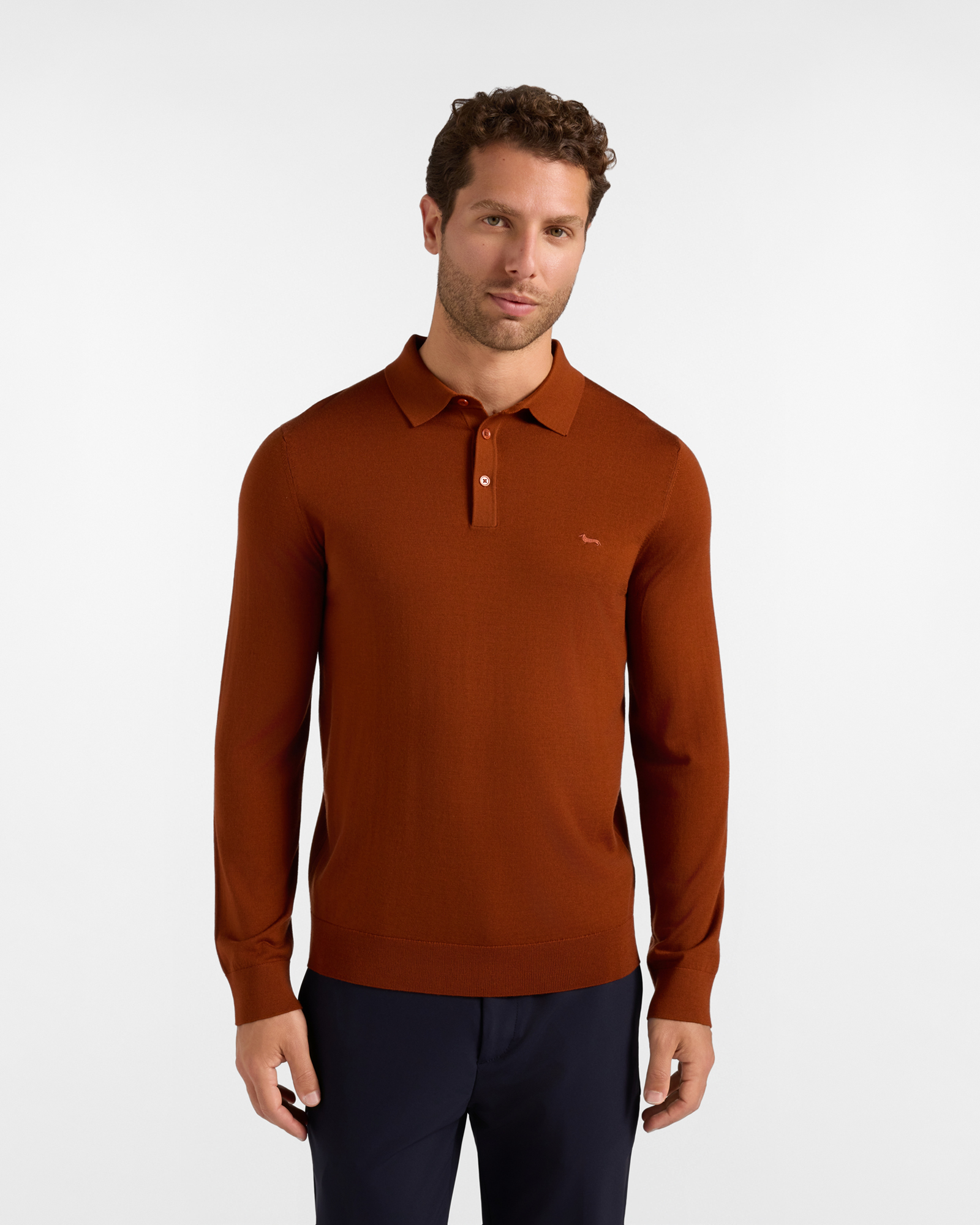 Men's buttoned polo shirt collar sweater in 100% pure wool with regular fit, BRICK RED, large