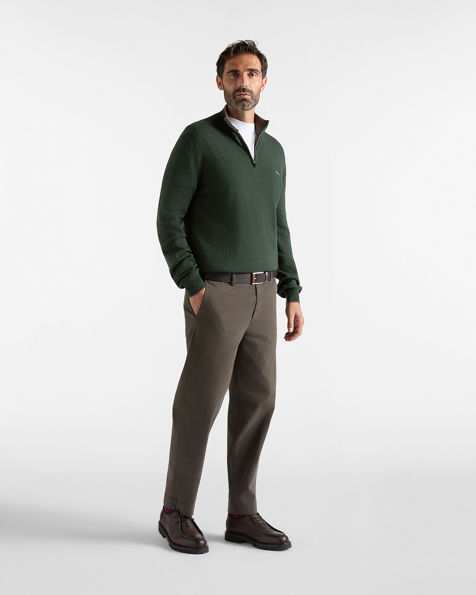 Men's regular fit sweater with half-zip stand-up collar in a  wool blend, SPORT GREEN, large