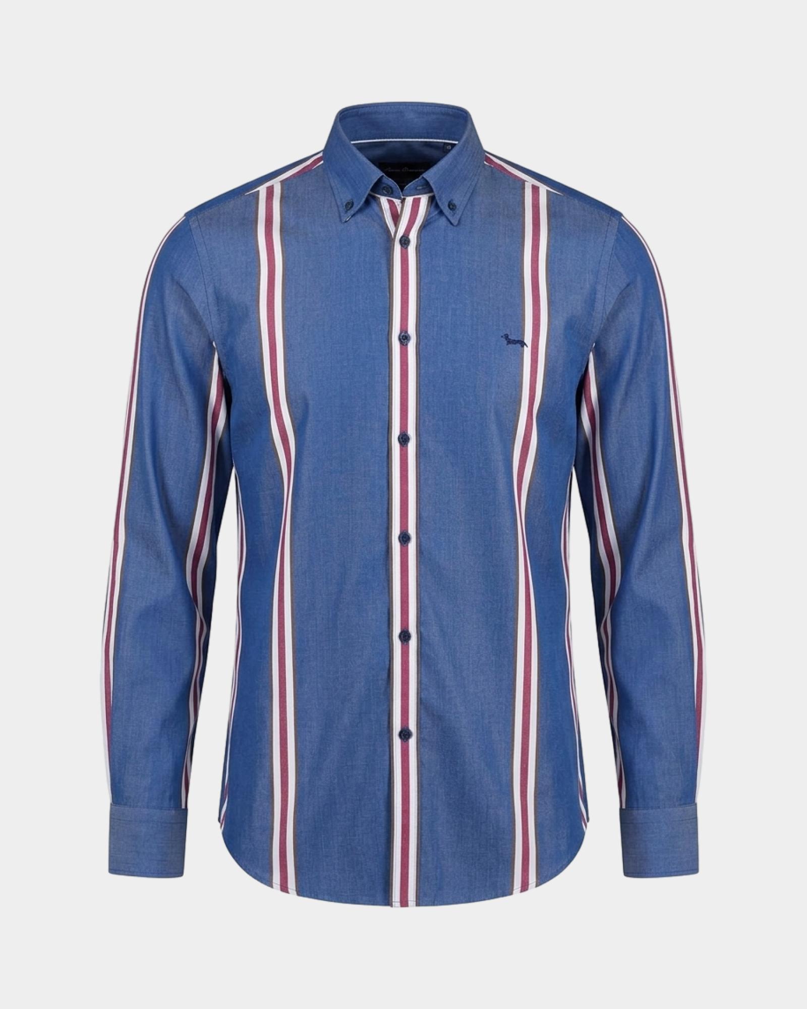Camicia Uomo Tencel&reg; riga regimental piazzata Narrow Fit, BLU SPORT, large