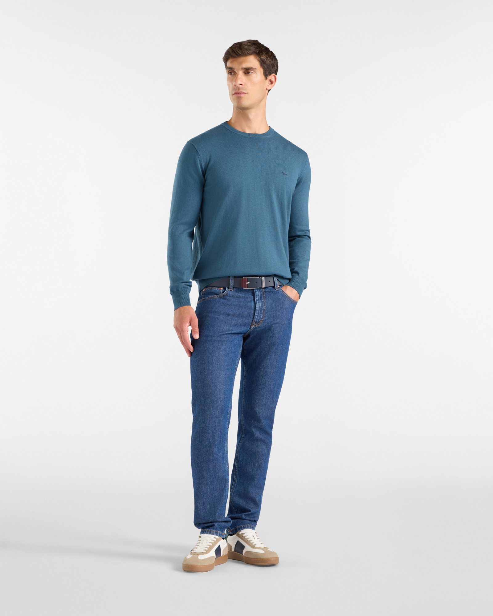 Men's regular fit sweater in a  wool and cotton blend, DARK GREEN, large