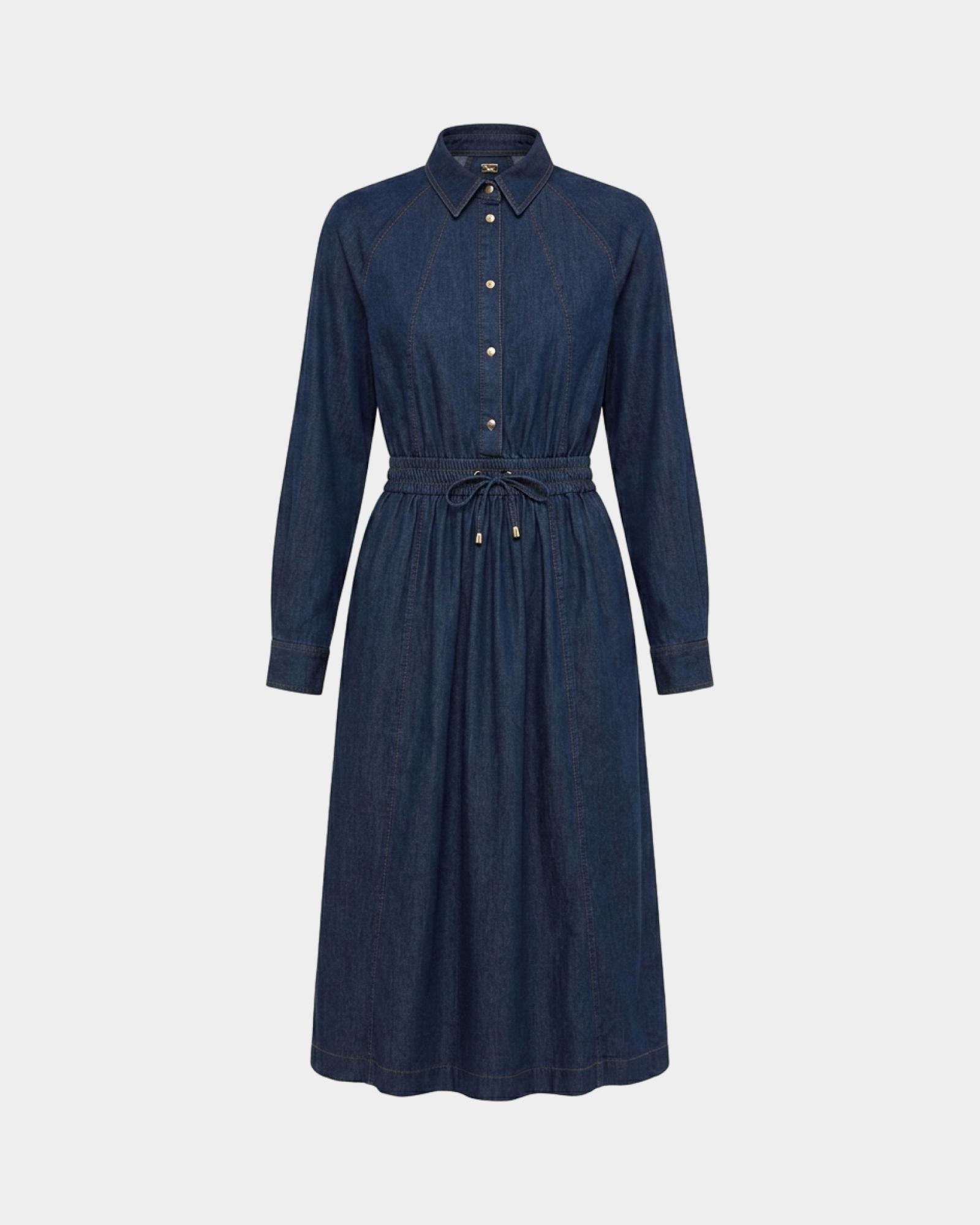 Women's Denim Blue Midi Shirt Dress with Elasticated Waist, DENIM BLUE, large