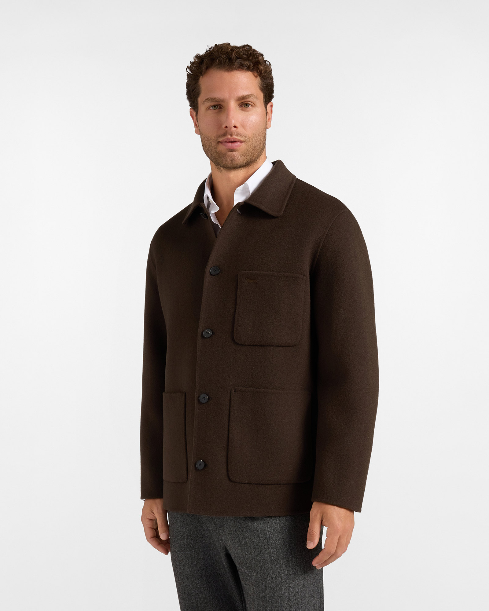 Overshirt da uomo in pura lana marrone con tasche a patch