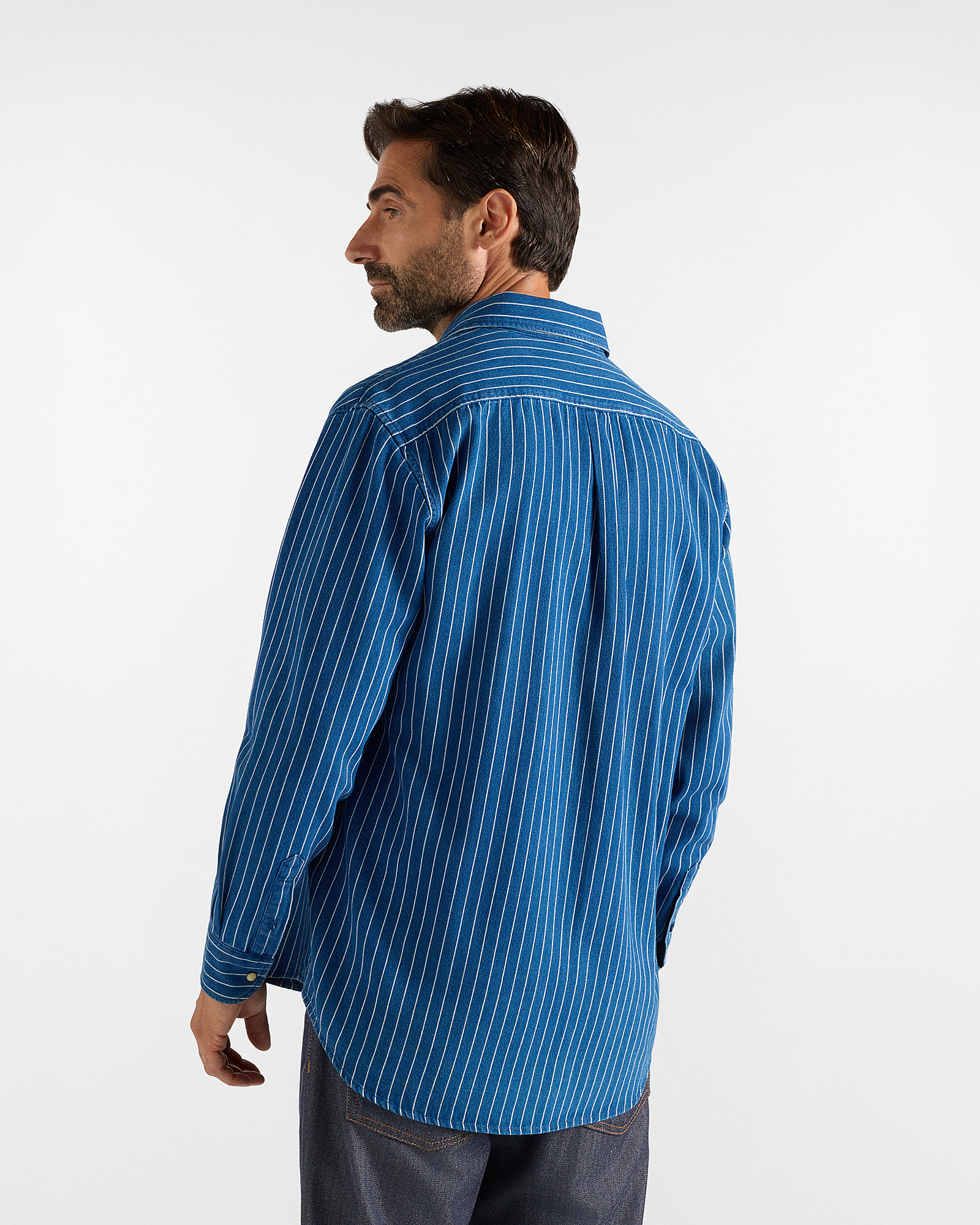 Men's denim shirt with narrow stripes and classic fit, DENIM BLUE, large