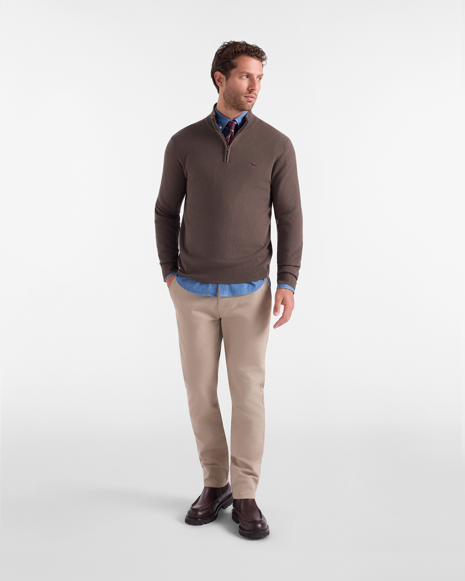 Men's regular fit sweater with half-zip stand-up collar in wool and cotton blend, PETROLEUM GREEN, large