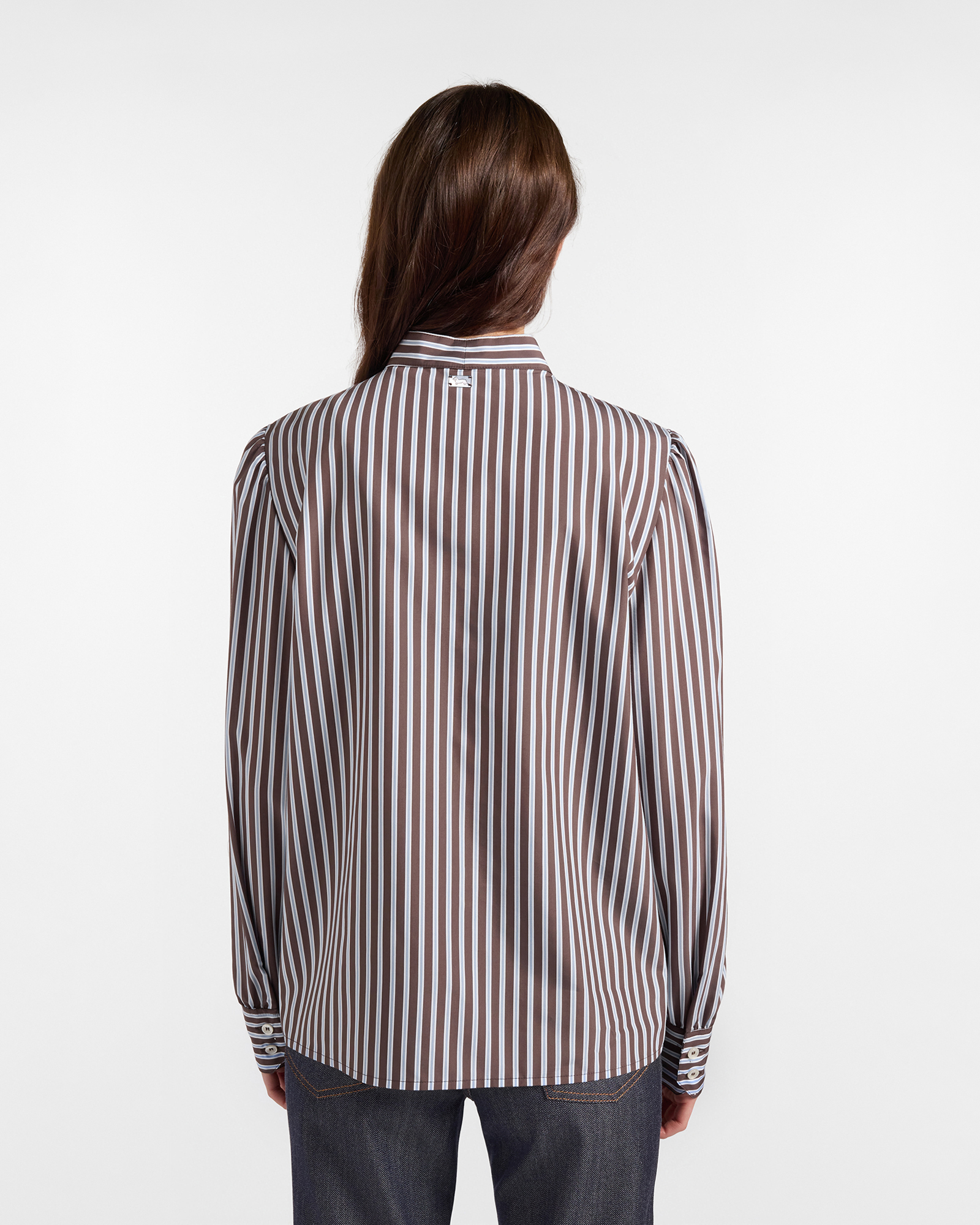 Chemise femme &agrave; rayures avec col lavalli&egrave;re Made in Italy, MARRON, large