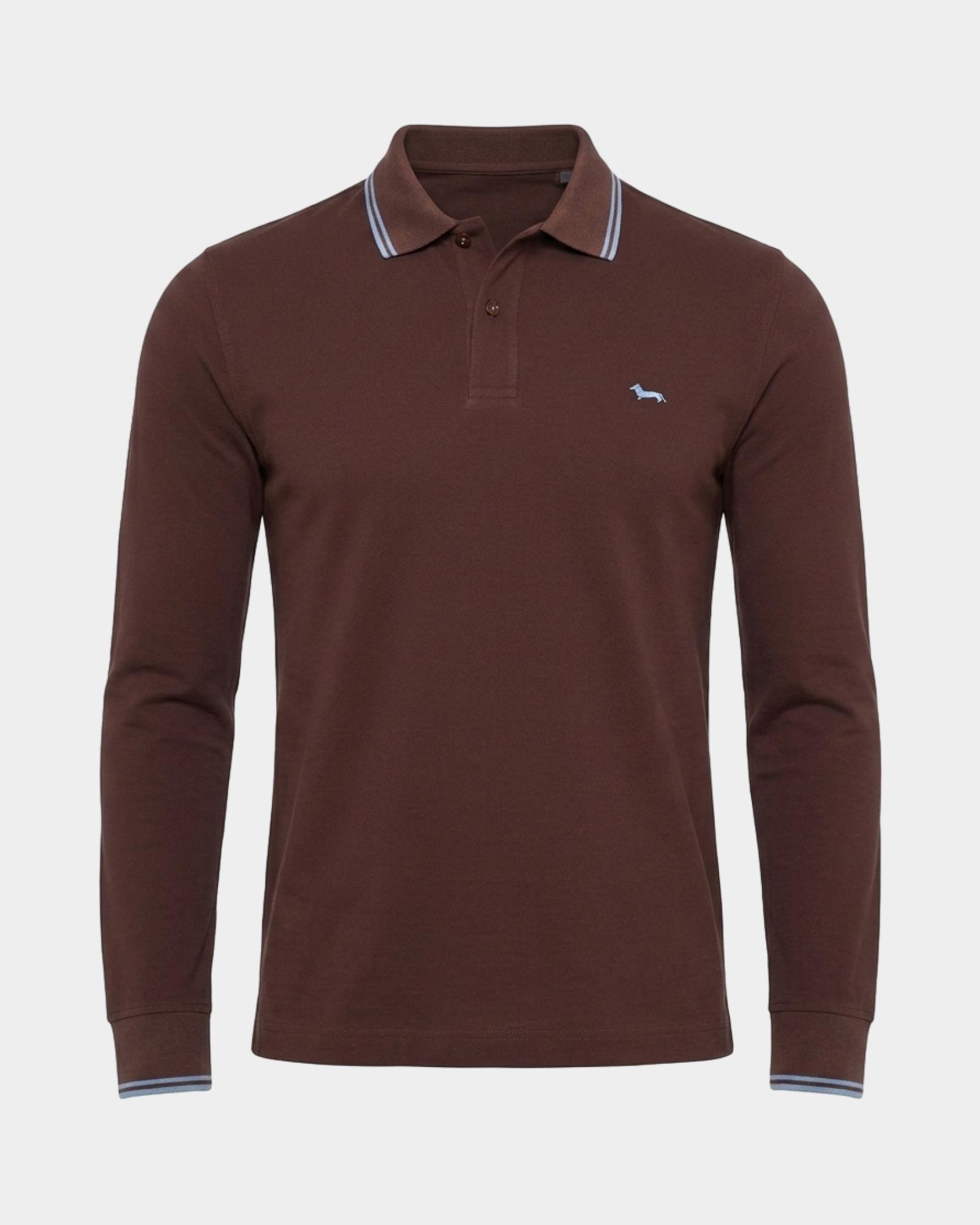 Langarm-Poloshirt f&uuml;r Herren aus Piqu&eacute; aus 100 % reiner Baumwolle, DUNKELBRAUN, large