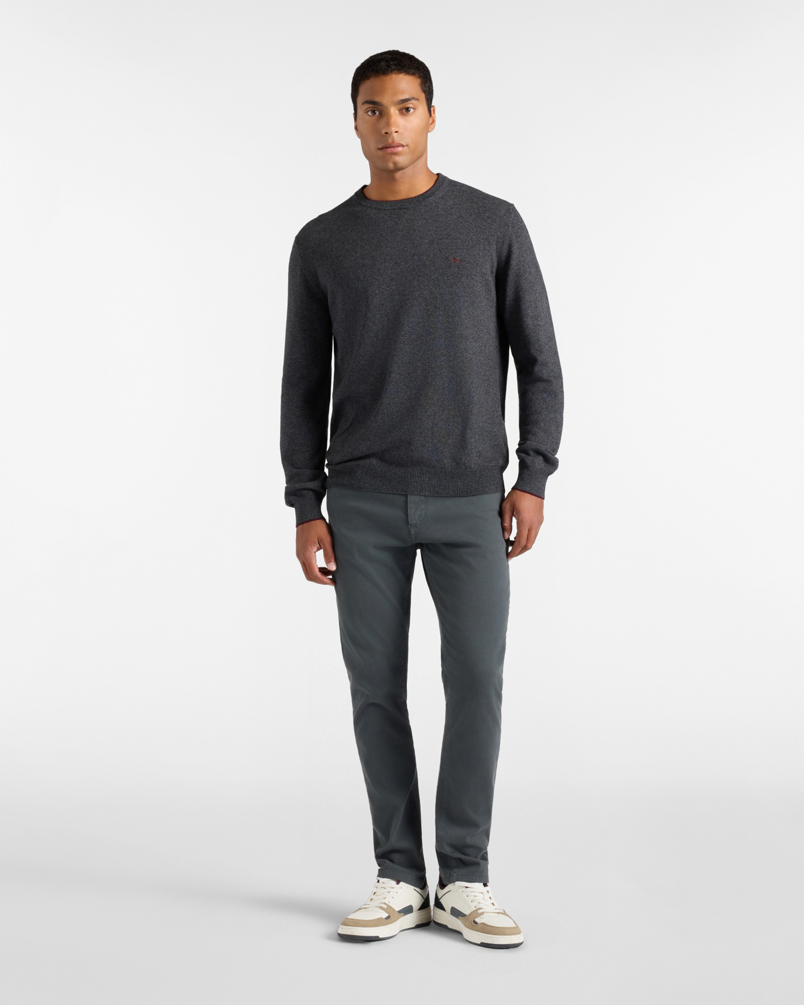 Men's crewneck sweater with contrasting stripe in a gray wool and cashmere blend with regular fit, GRAY, large