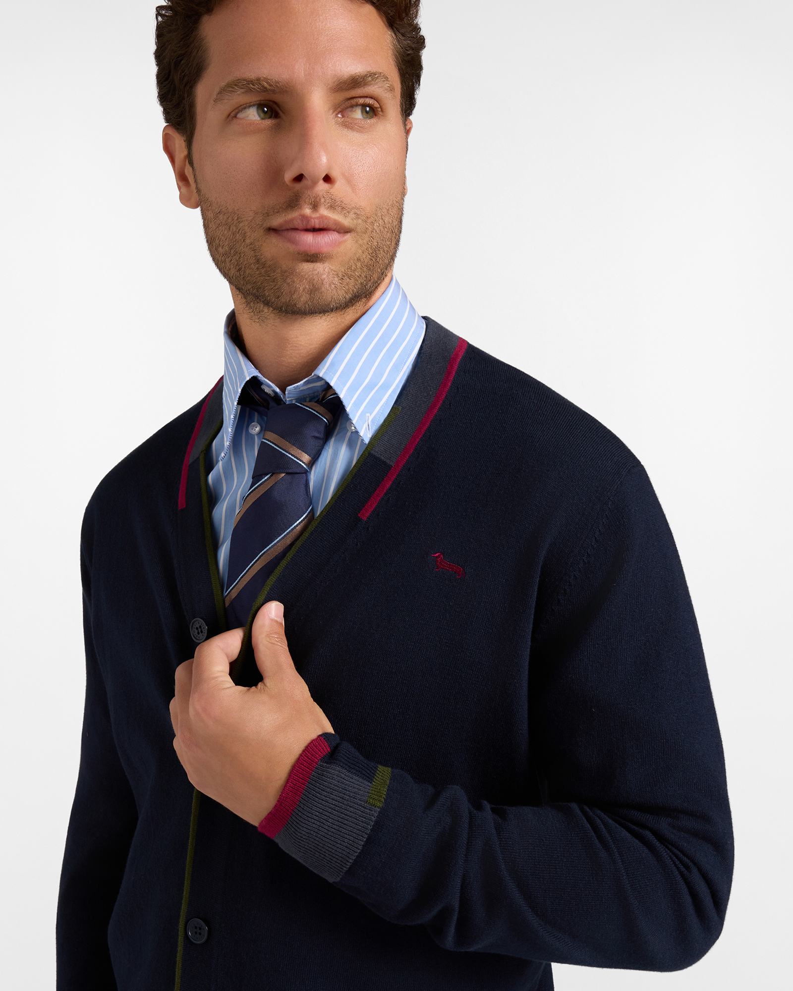 Men's V-neck cardigan in wool and cotton blend with regular fit, NAVY BLUE, large